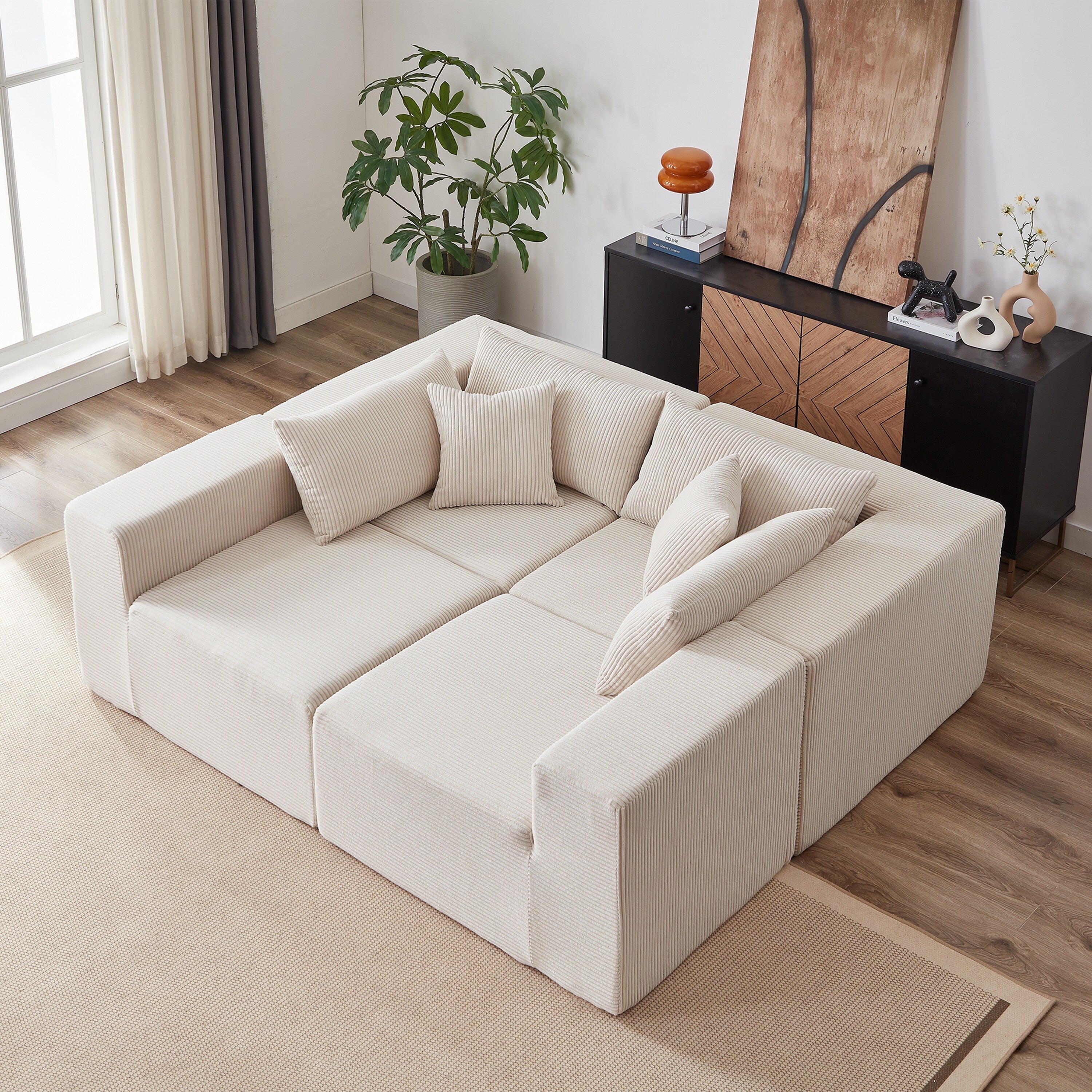 104-Inch Corduroy Modular L Shaped Sectional Sofa,Floor Couch Set,Foam-Filled Compressed Sofa,4 PC Free Combination