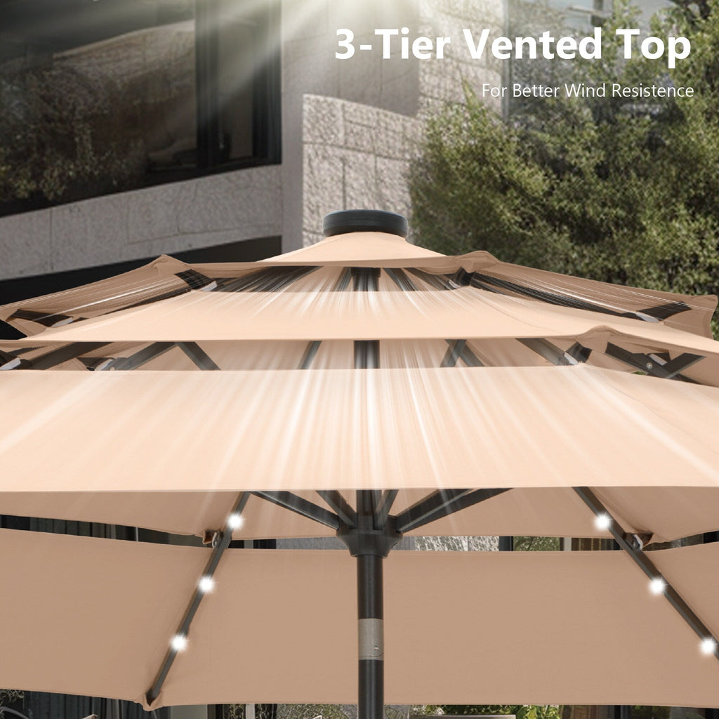 Parasol de terrasse inclinable à 3 niveaux de 10 pieds de MAISON ARTS, parasol d'extérieur à double ventilation avec lumières LED