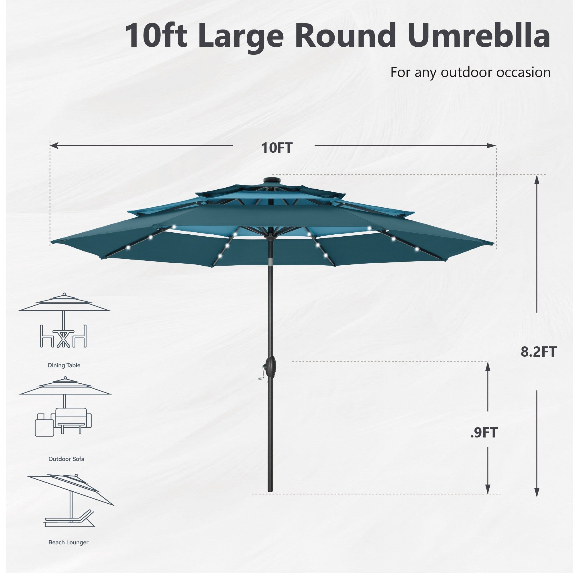 Parasol de terrasse inclinable à 3 niveaux de 10 pieds de MAISON ARTS, parasol d'extérieur à double ventilation avec lumières LED