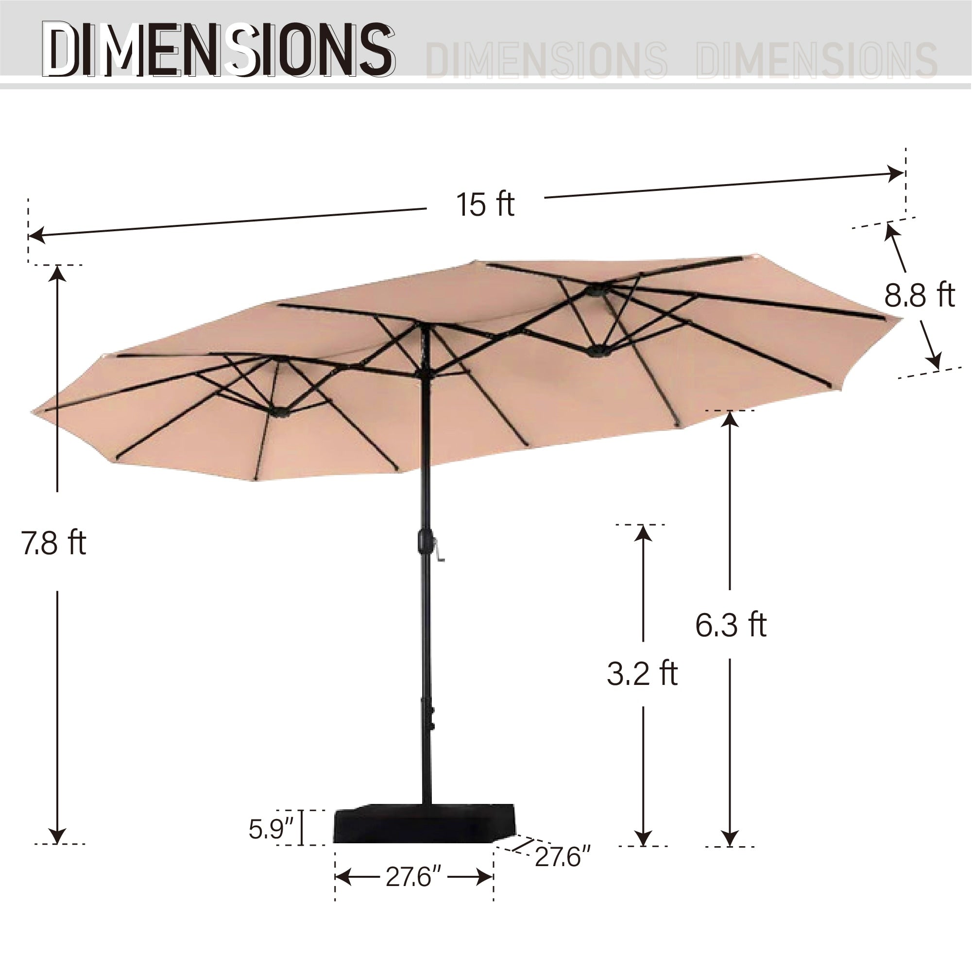 Parasol de marché extérieur rectangulaire à manivelle double face de 15 pieds, parasol de patio éclairé par LED solaire avec base incluse