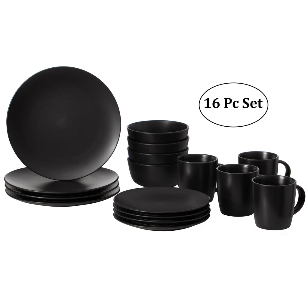 16 PC Dinnerware Dish Set for 4 Person | Mugs, Salad and Dinner Plates and Bowls Sets, Chip and Crack Resistant, Matte Black
