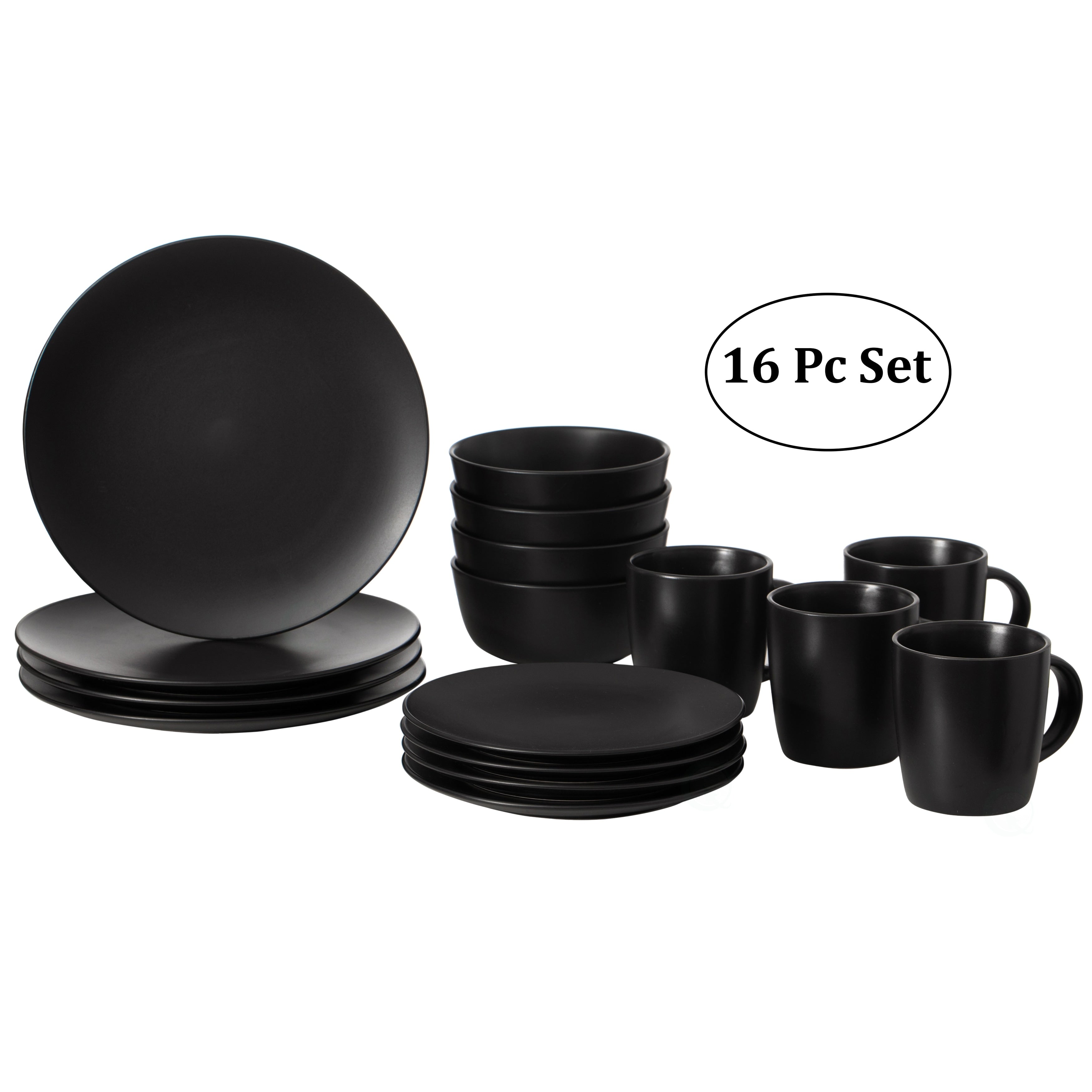 16 PC Dinnerware Dish Set for 4 Person | Mugs, Salad and Dinner Plates and Bowls Sets, Chip and Crack Resistant, Matte Black