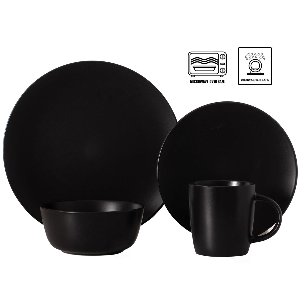 16 PC Dinnerware Dish Set for 4 Person | Mugs, Salad and Dinner Plates and Bowls Sets, Chip and Crack Resistant, Matte Black