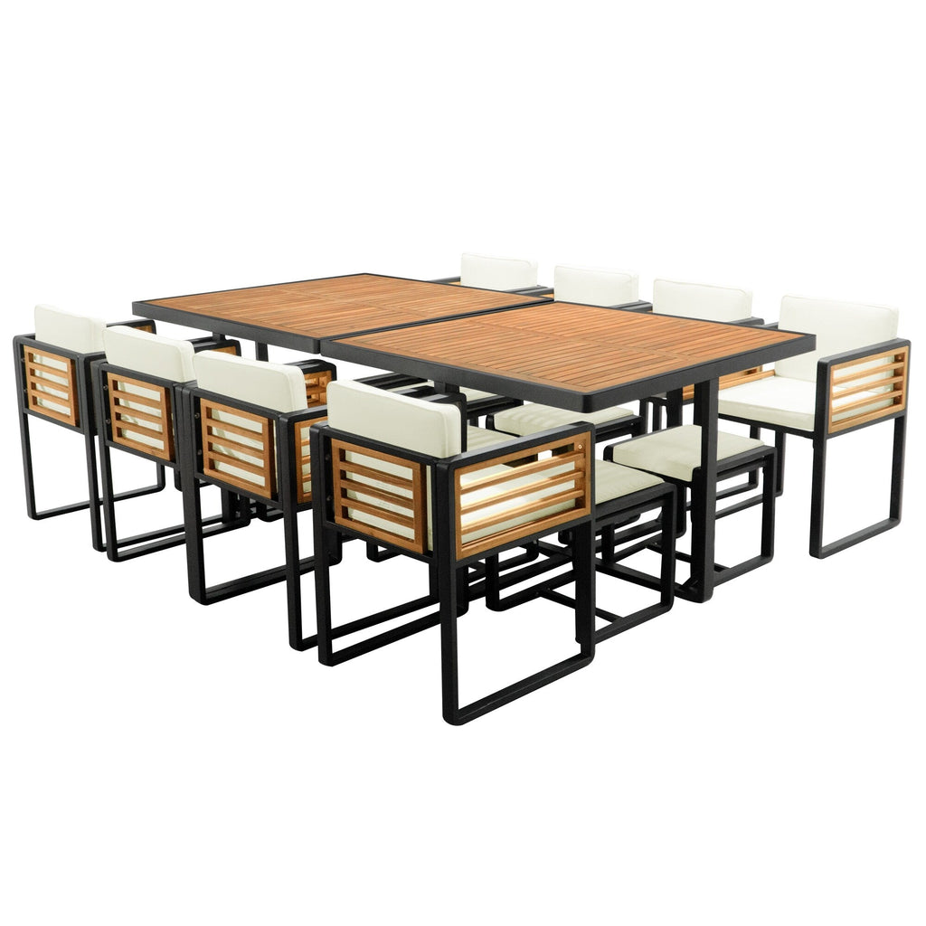 18-Pieces Acacia Wood Patio Dining Set, 8 Cushioned Chairs & 8 Ottomans & 2 Square Table