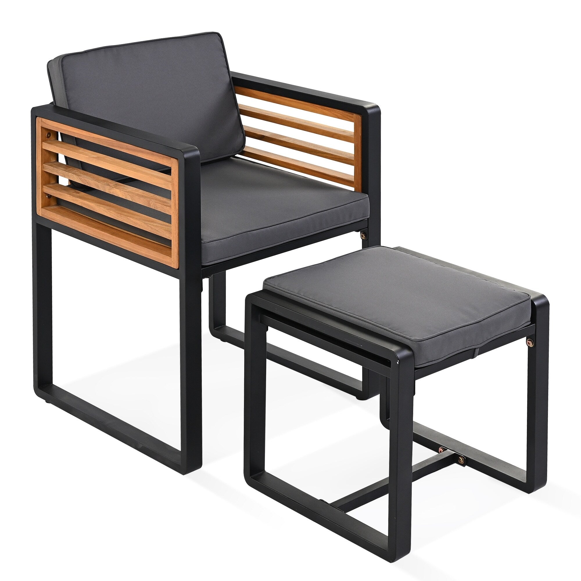 18-Pieces Acacia Wood Patio Dining Set, 8 Cushioned Chairs & 8 Ottomans & 2 Square Table