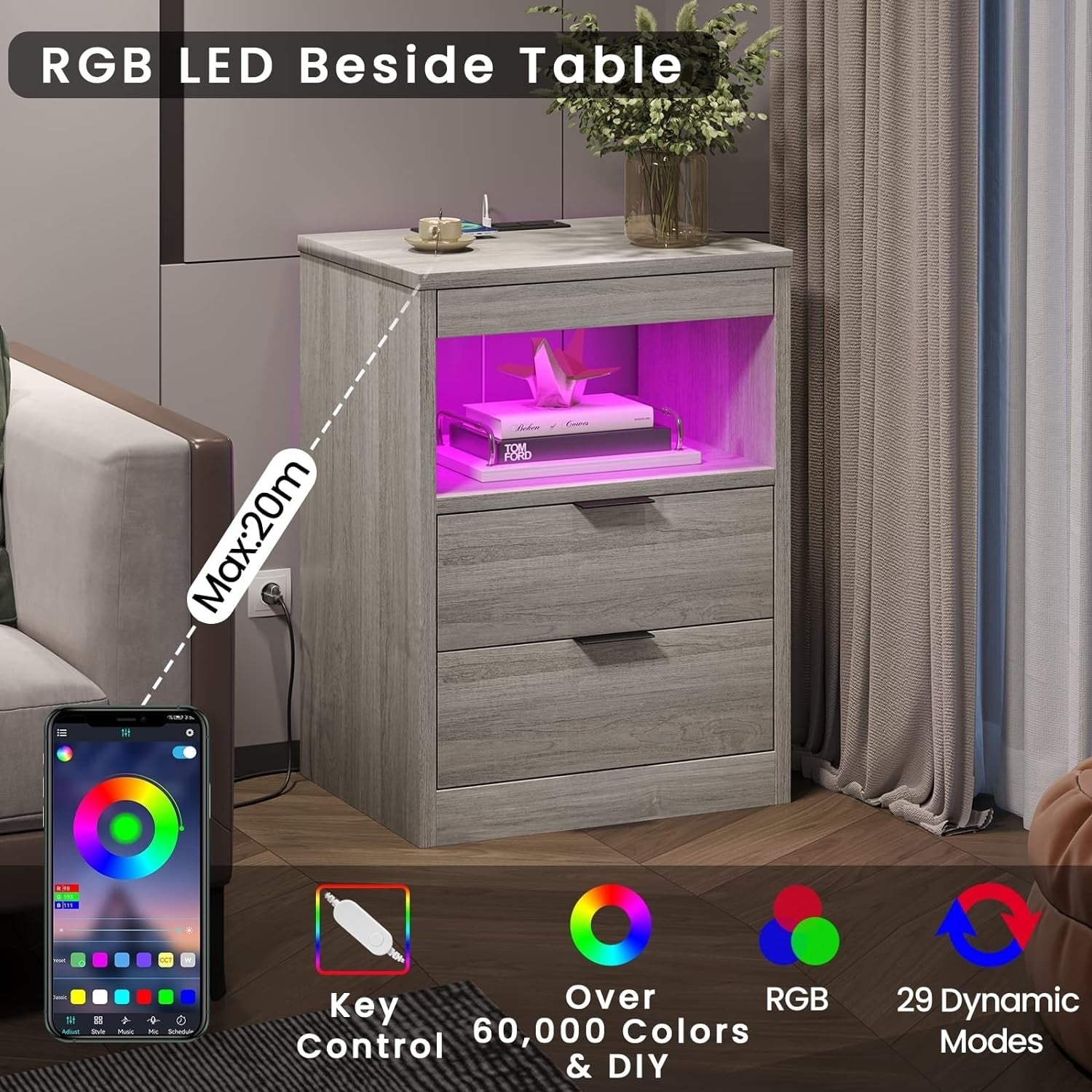 2 Drawers LED Nightstand Wireless Charging Station Pull-Out Shelf
