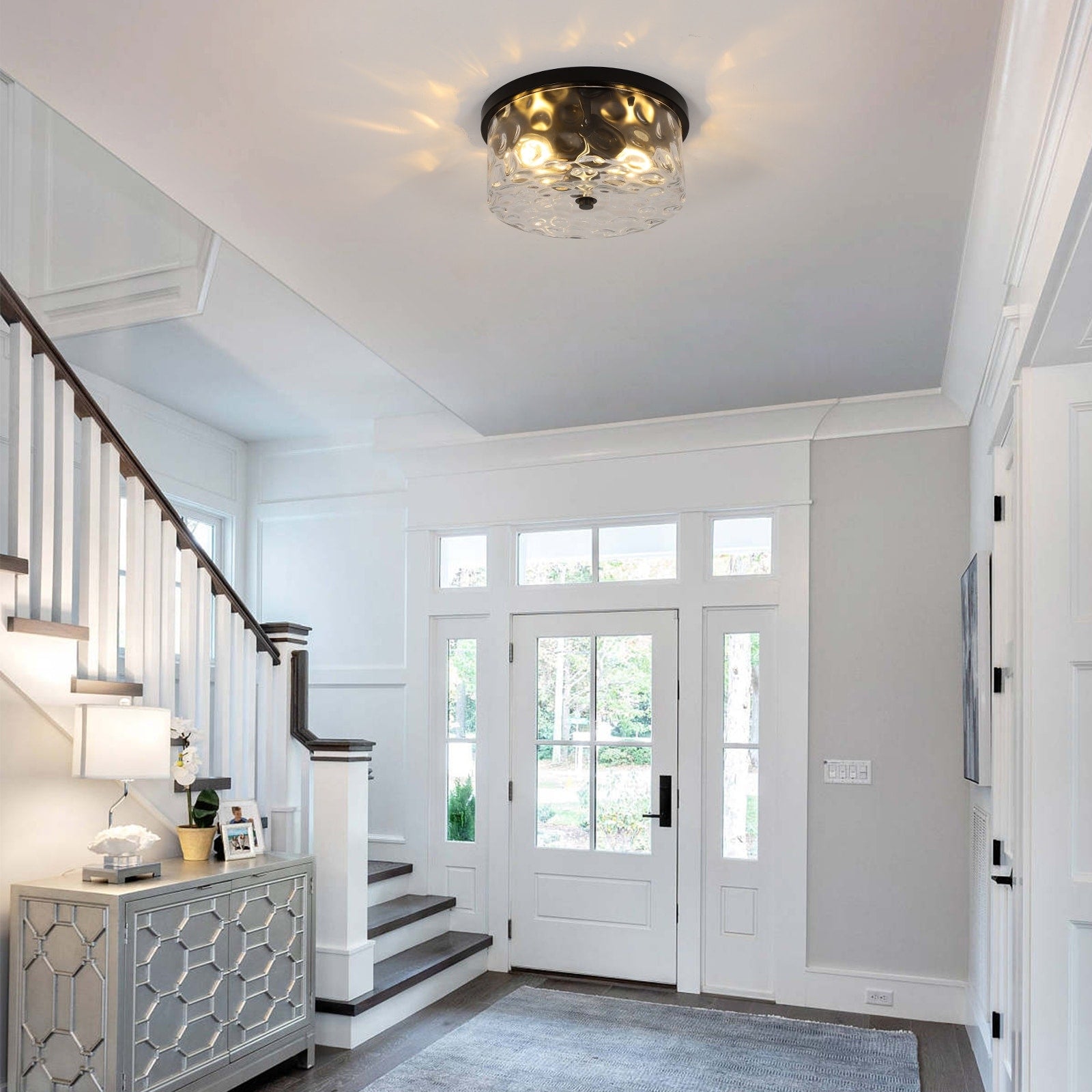 2-Light Flush Mount Ceiling Light with Clear Hammered Glass