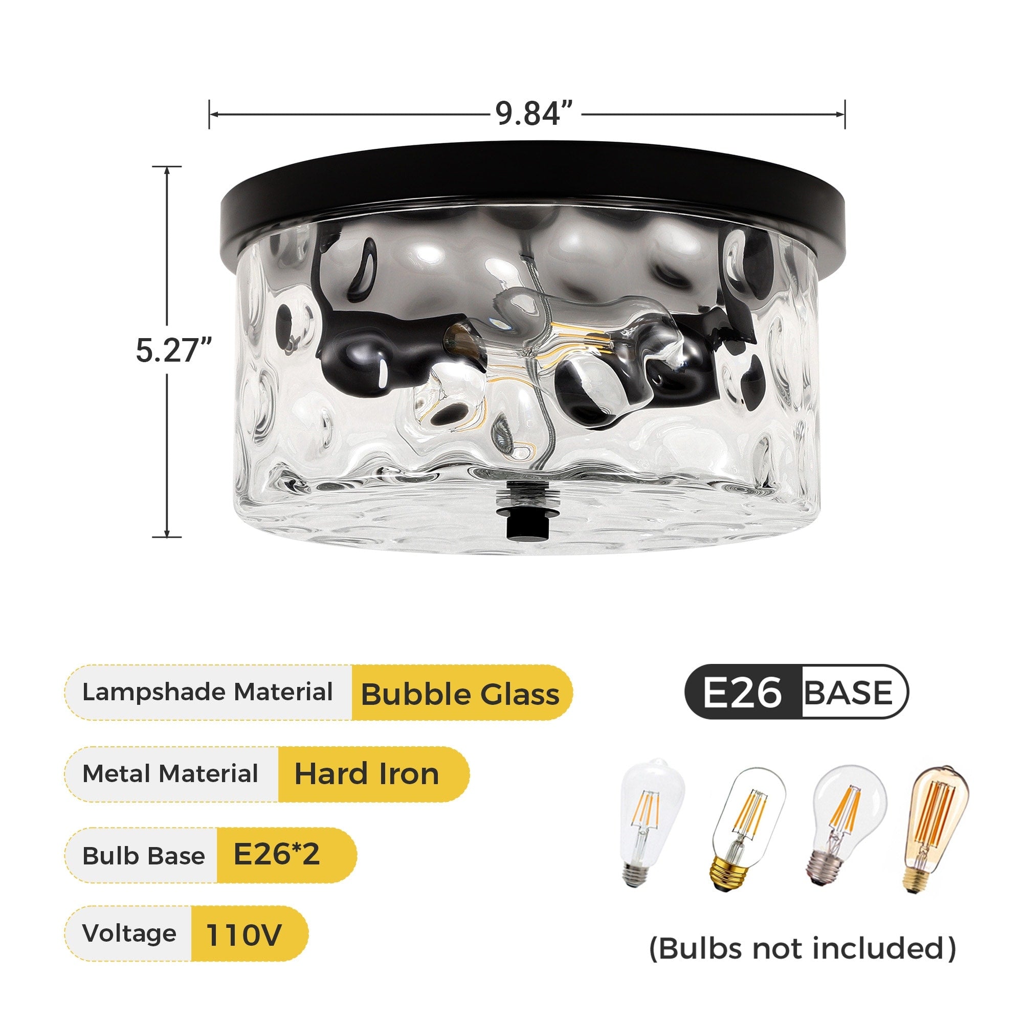 2-Light Flush Mount Ceiling Light with Clear Hammered Glass