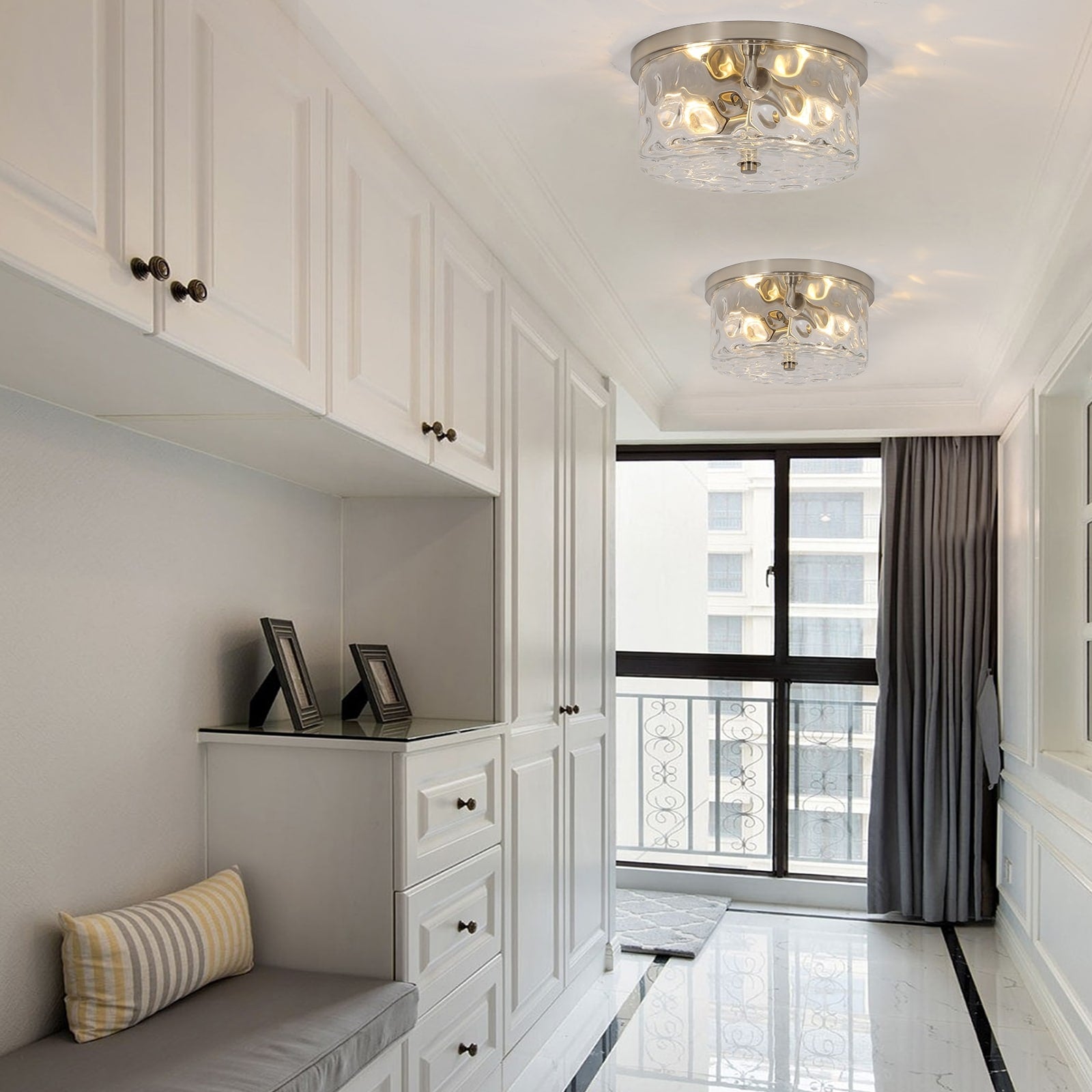 2-Light Flush Mount Ceiling Light with Clear Hammered Glass