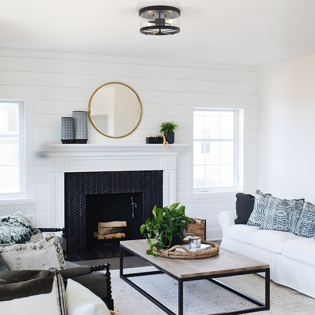 2-Light Flush Mount Clear Glass Ceiling Light with Metal Frame