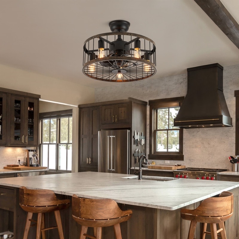 Ventilateur de plafond à profil bas de 20 po, style ferme moderne, finition bois, avec éclairage et télécommande