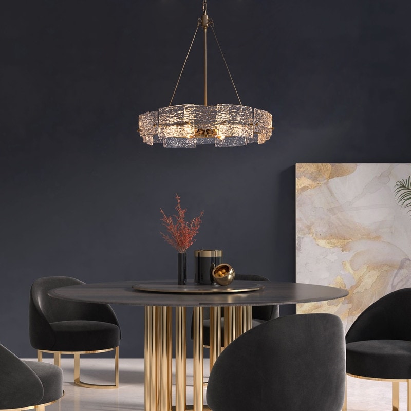 Lustre moderne en cristal doré de 23,6 po, 6 lumières, style tambour glamour, pour îlot de cuisine et salle à manger
