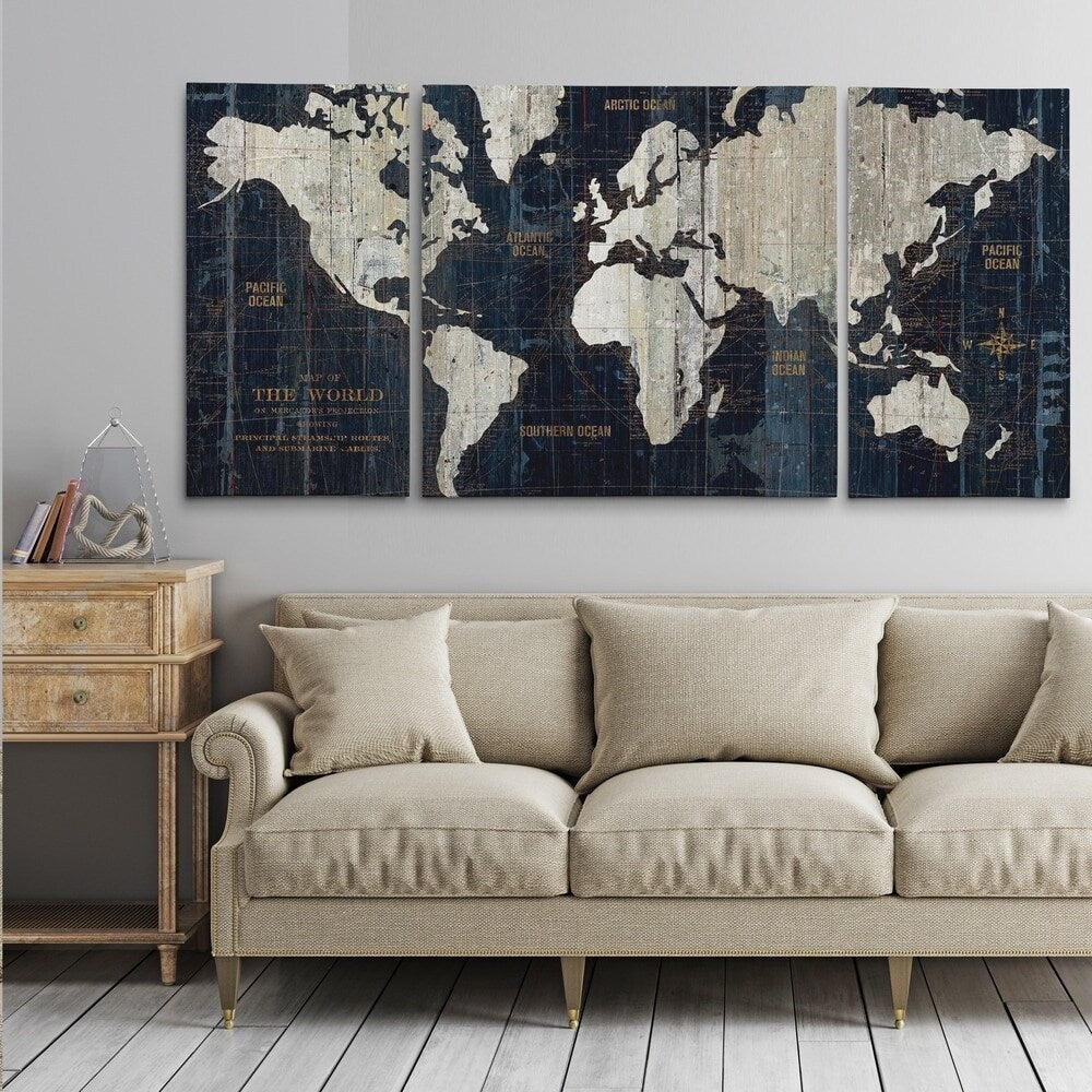'Old World Map Blue' 3-piece Wrapped Canvas Graphic Art Print Set
