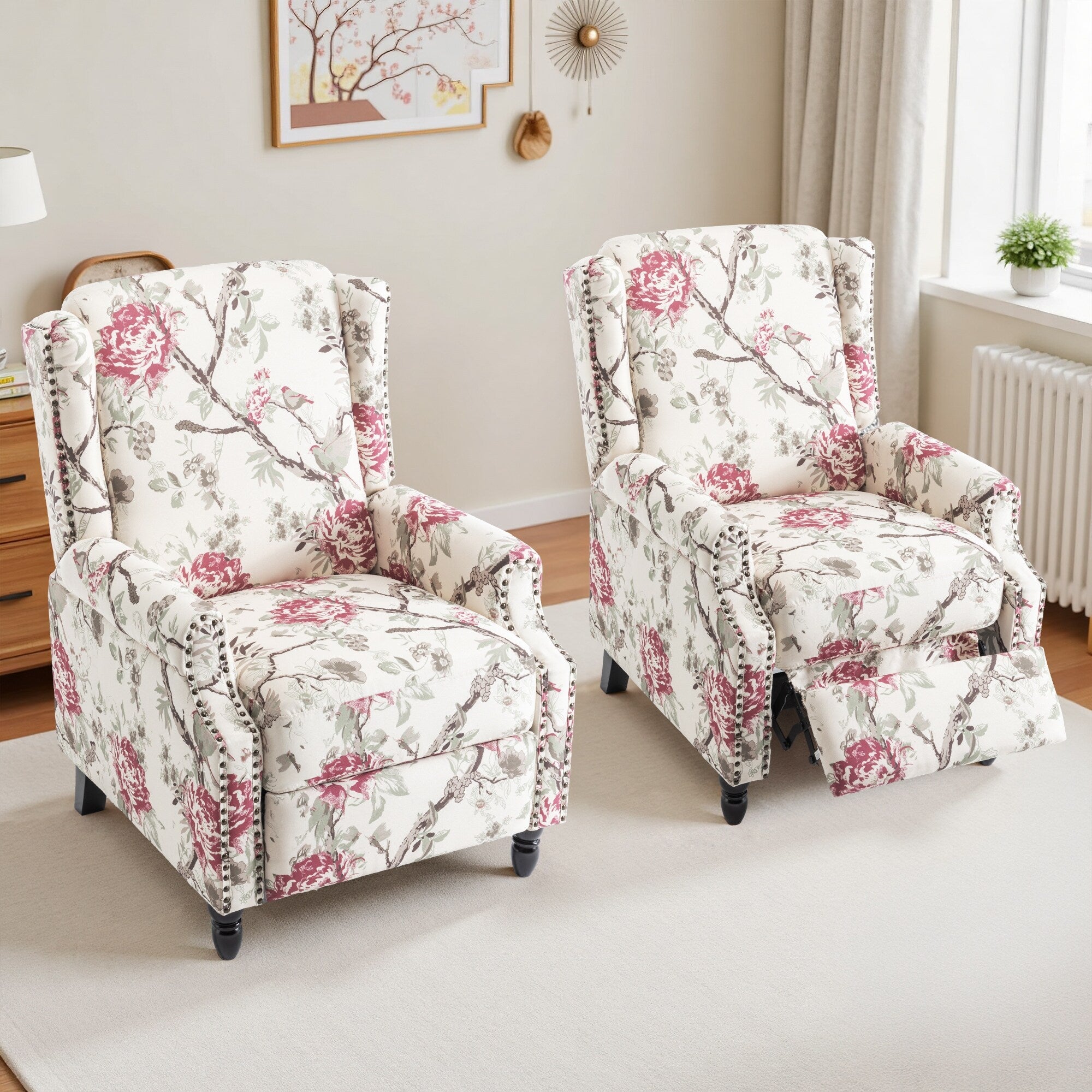 29'' W Vintage Floral Manual Push Back Recliner Chair Set of 2