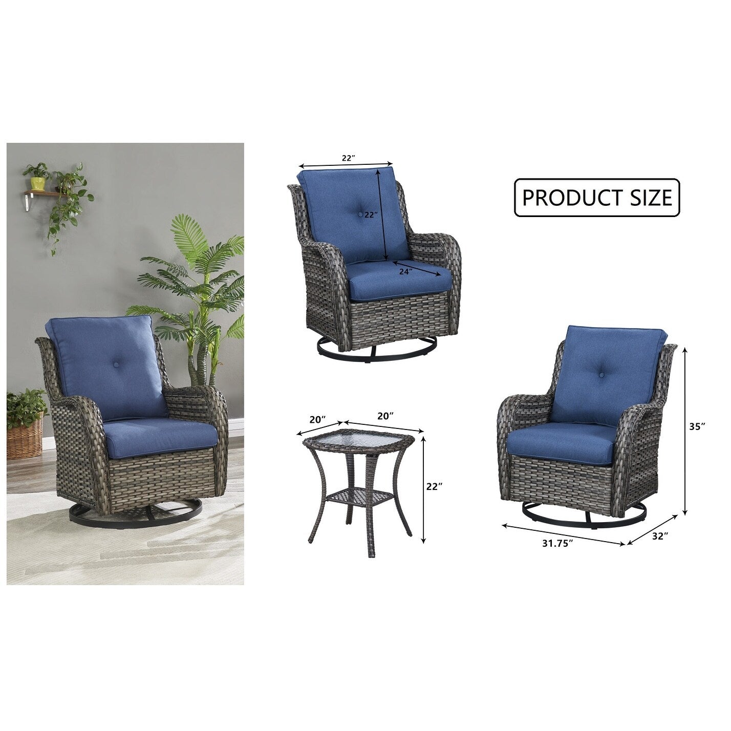 Fauteuil à bascule pivotant d'extérieur Gymojoy 3 pièces en osier avec coussin et table