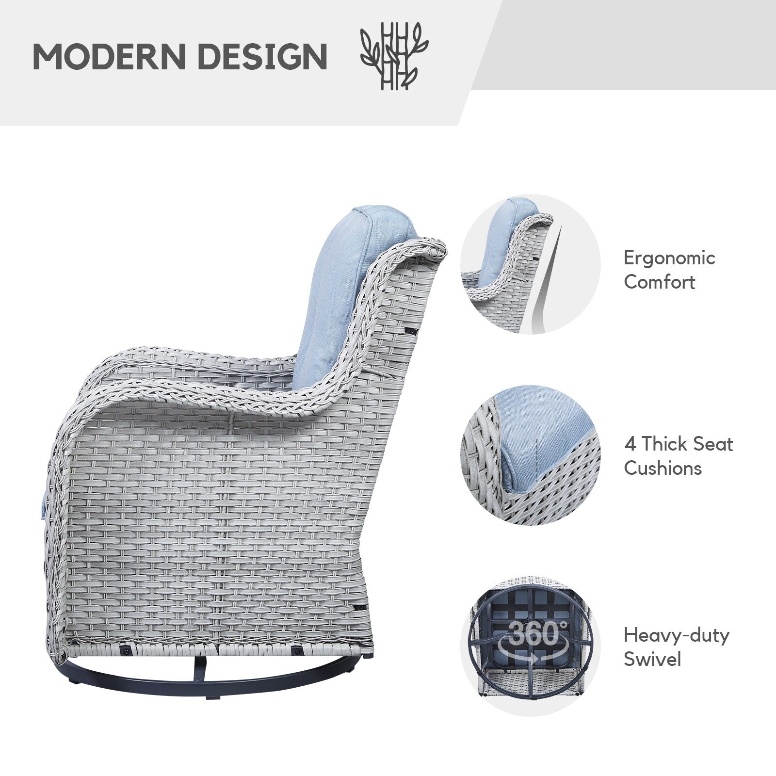 Fauteuil à bascule pivotant d'extérieur Gymojoy 3 pièces en osier avec coussin et table