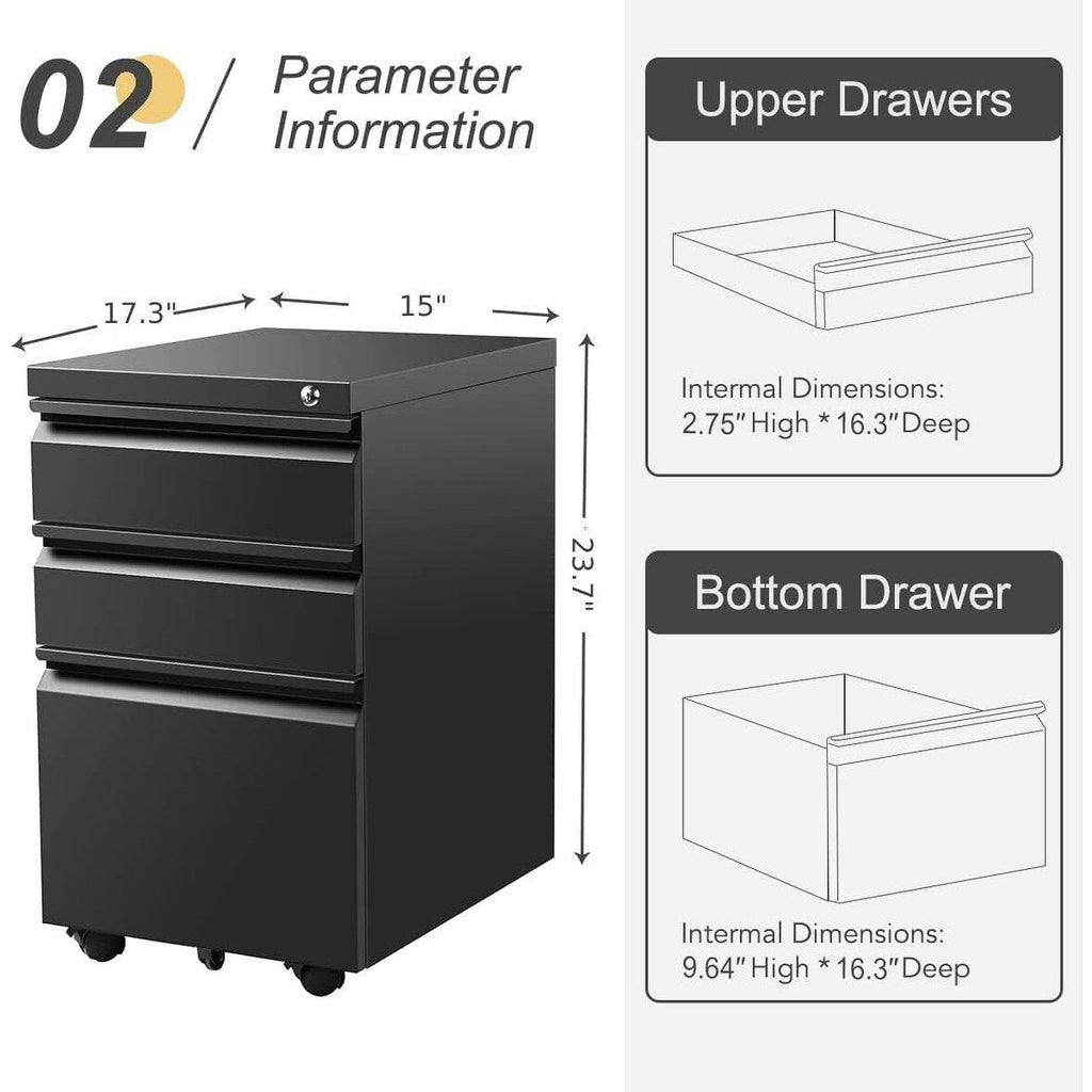 3 Drawer Metal Locking File Cabinet for Home Office, Rolling Cabinet Fully Assembled