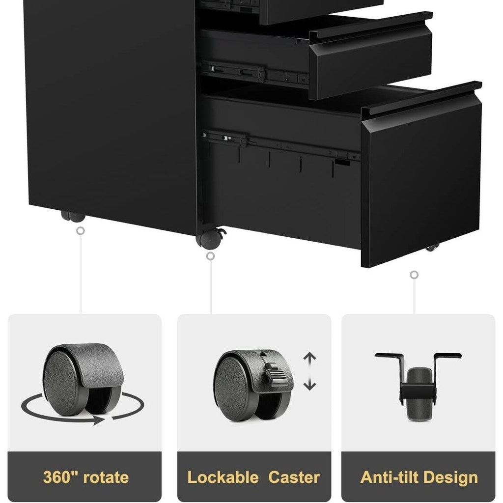 3 Drawer Metal Locking File Cabinet for Home Office, Rolling Cabinet Fully Assembled