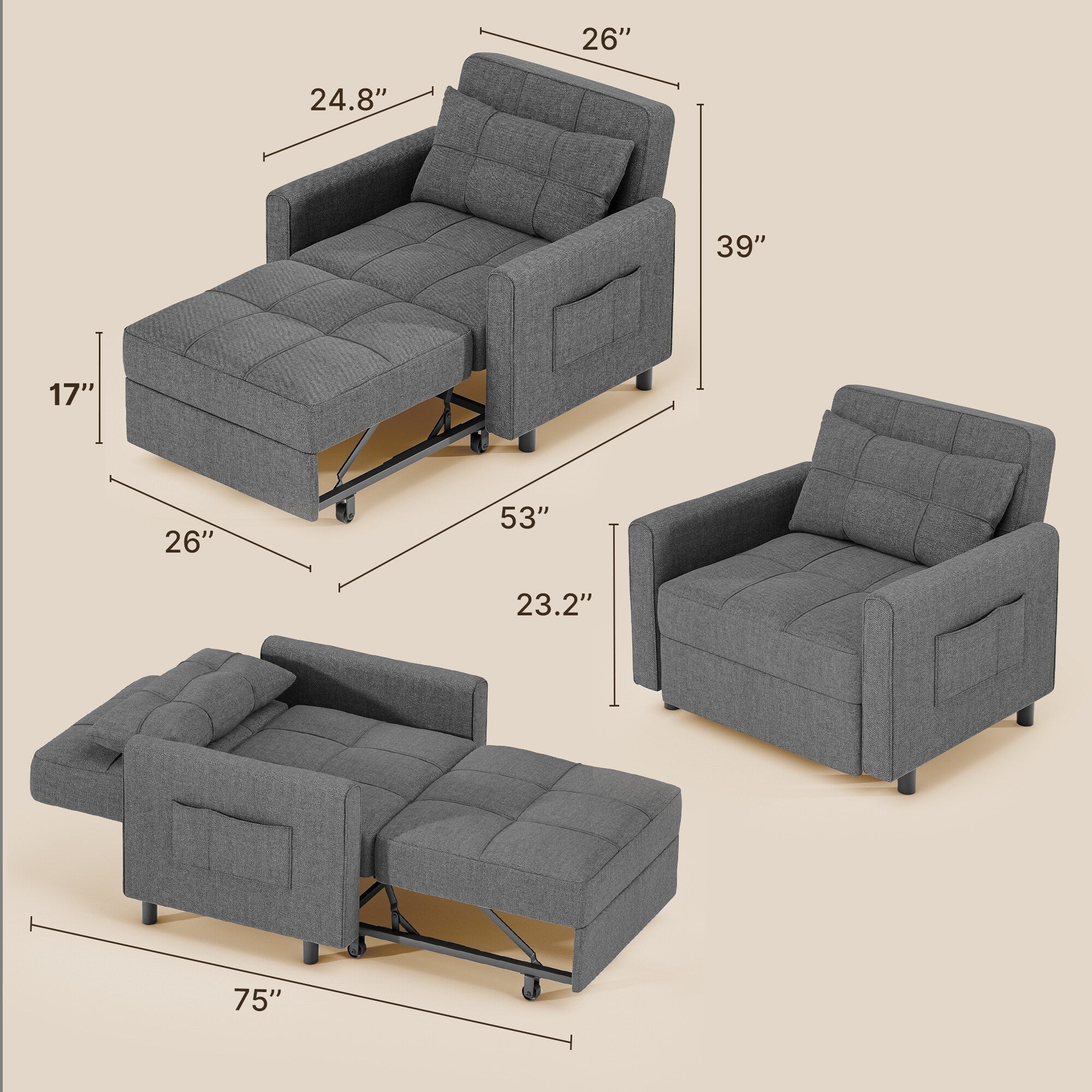 3-in-1 Pull-Out Sofa Bed Sleeper Chair , Convertible Adjustable Foldable Upholstered Lounge Couch