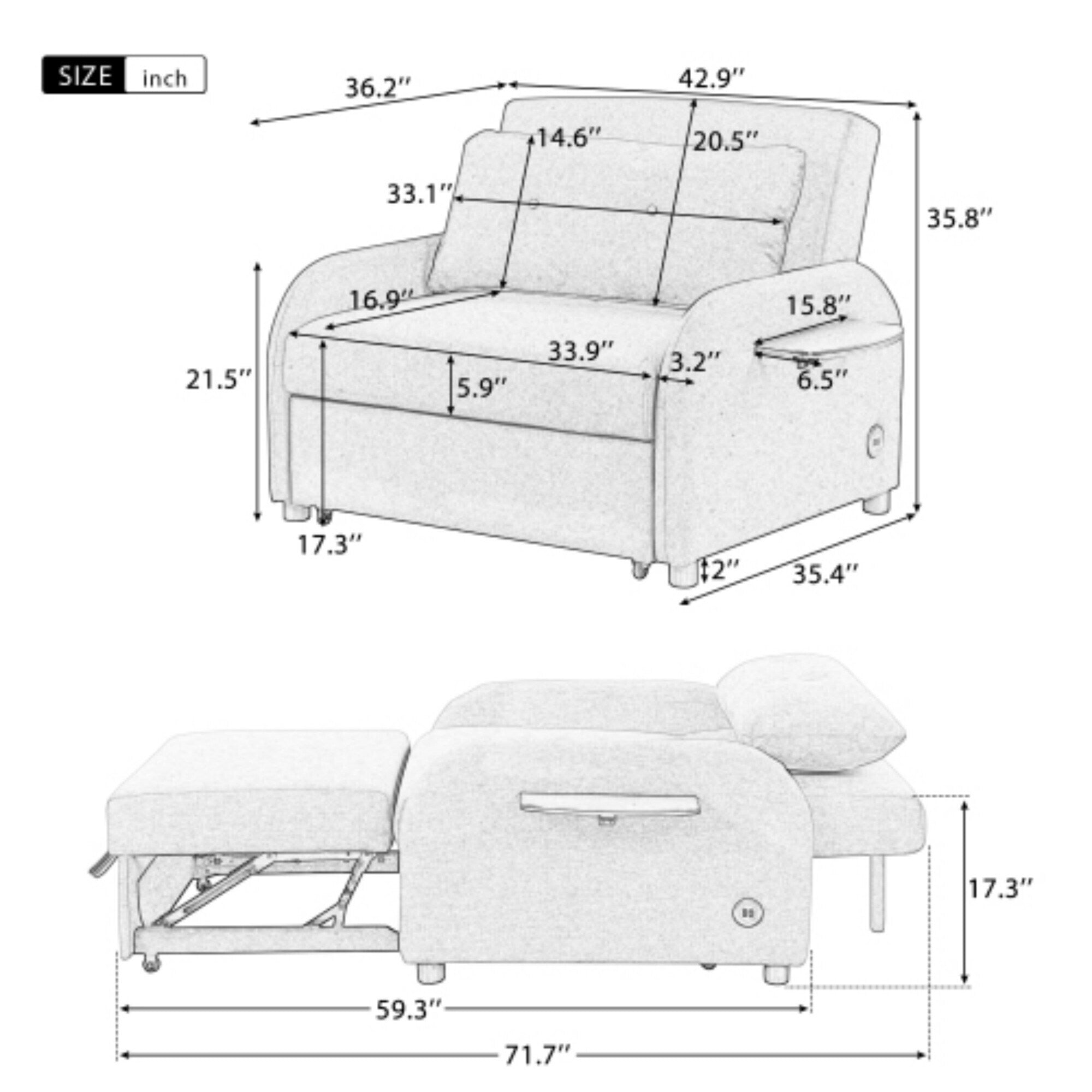 3-in-1 Pull-Out Sofa Sleeper with Collapsible Wing Table & USB Ports by Harper&Bright Designs