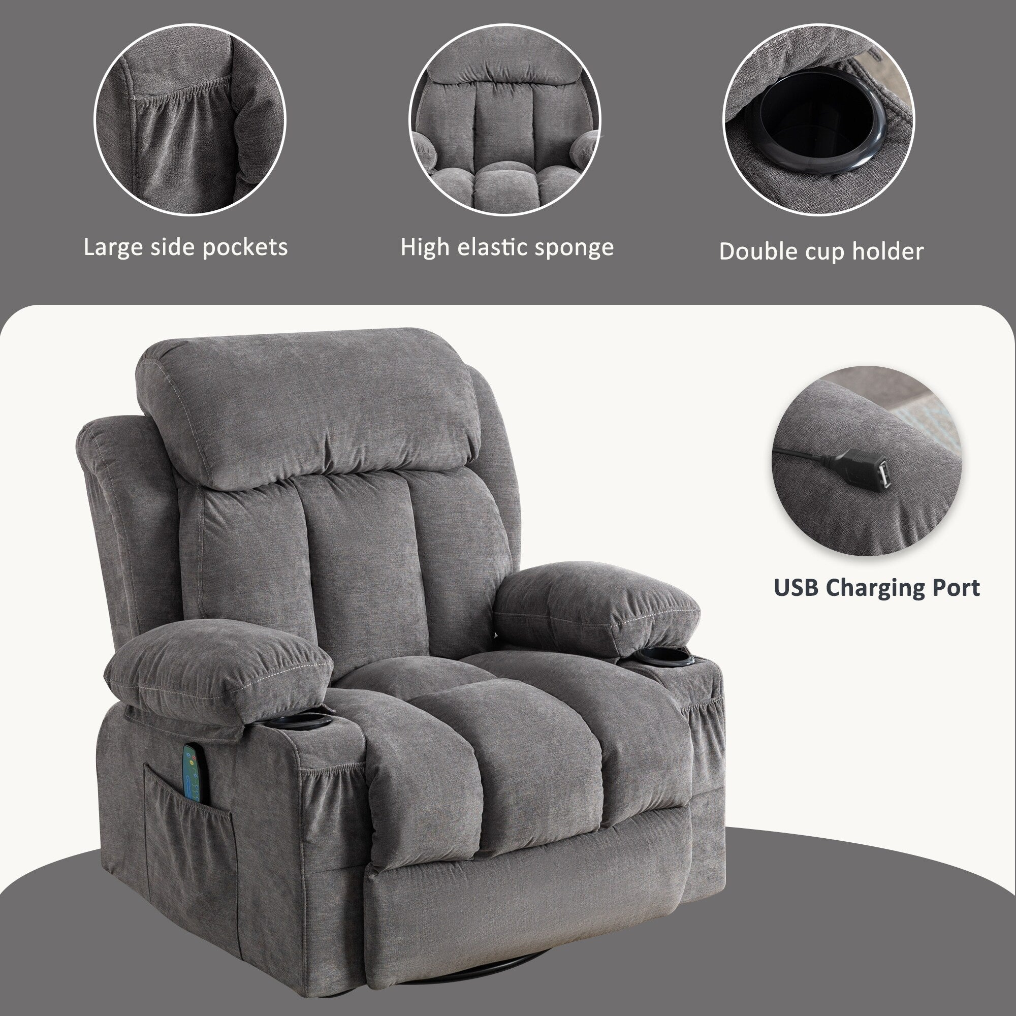 360° Swivel Recliner Chair with Massage, Heat, USB, and Cup Holders