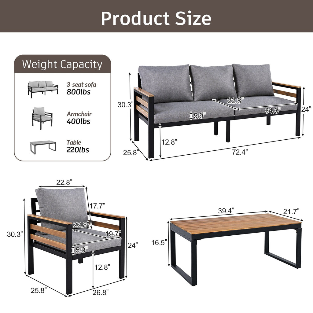 4-Piece Outdoor Sofa Set for 5 People with Removable Cushion & Solid Wood Coffee Table