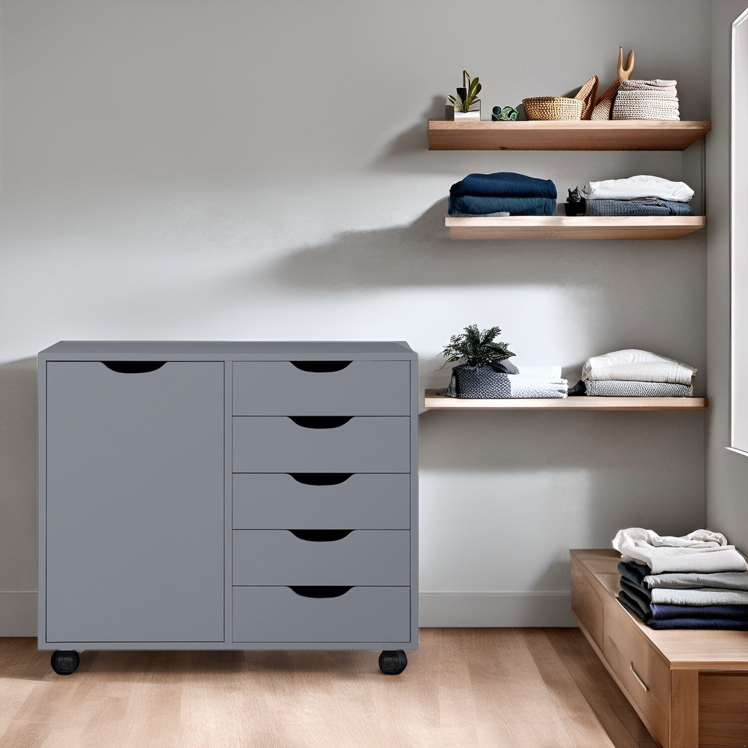 5-Drawer Wood Storage Dresser Cabinet with Wheels - Craft Organizer and Makeup Drawer Unit for Closet and Bedroom