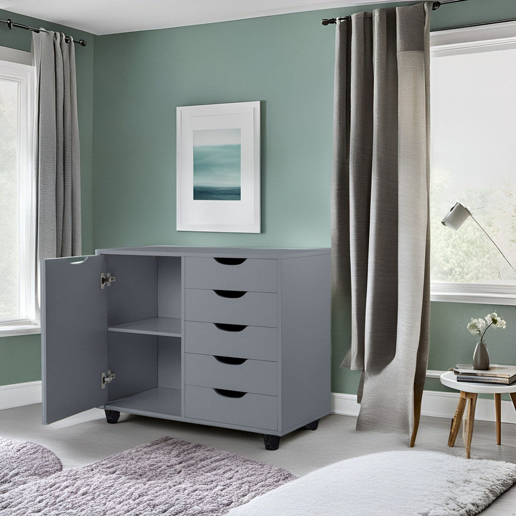 5-Drawer Wood Storage Dresser Cabinet with Wheels - Craft Organizer and Makeup Drawer Unit for Closet and Bedroom