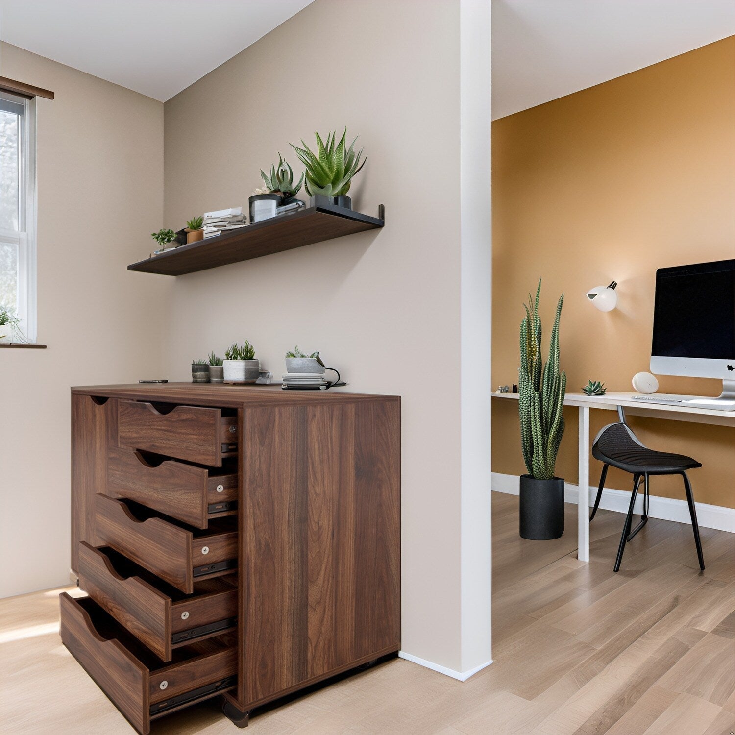 5-Drawer Wood Storage Dresser Cabinet with Wheels - Craft Organizer and Makeup Drawer Unit for Closet and Bedroom