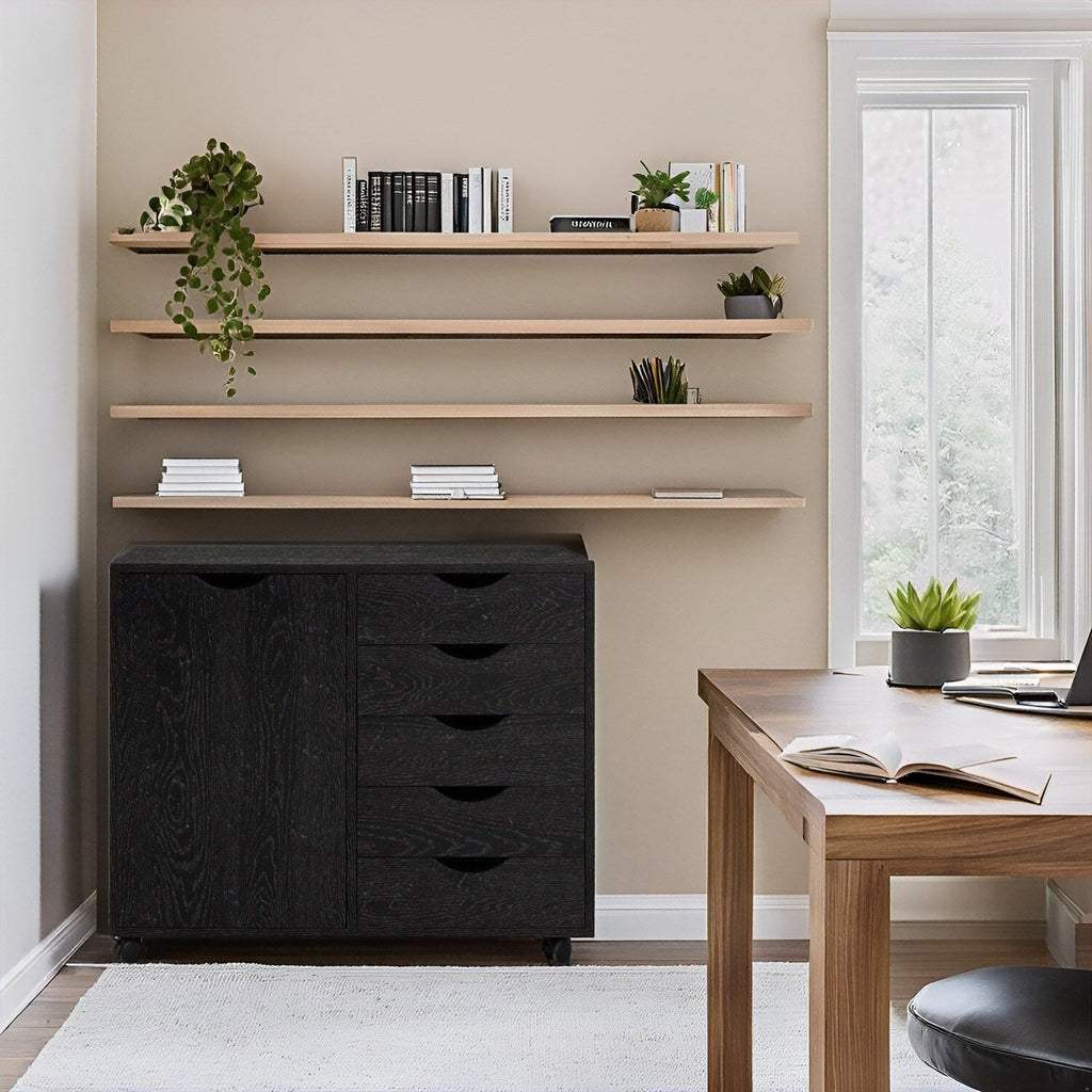 5-Drawer Wood Storage Dresser Cabinet with Wheels - Craft Organizer and Makeup Drawer Unit for Closet and Bedroom