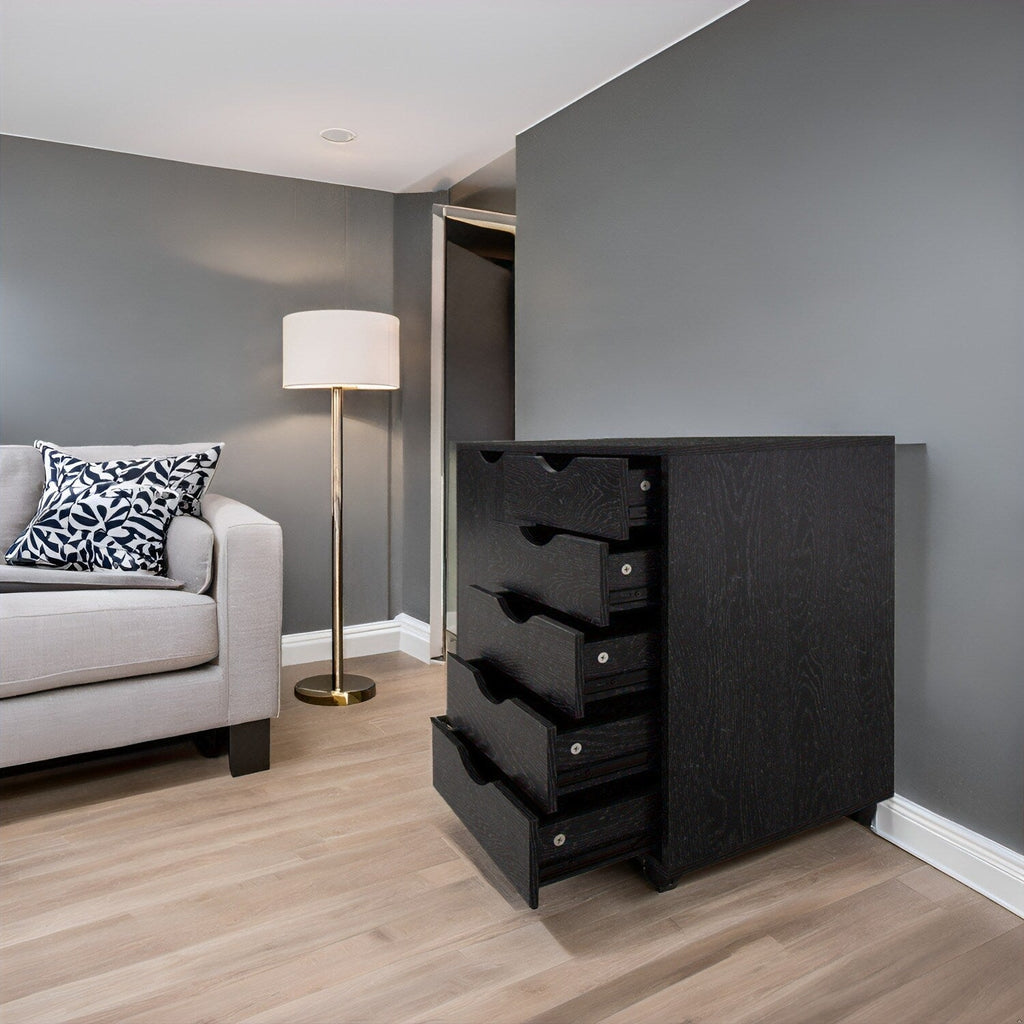 5-Drawer Wood Storage Dresser Cabinet with Wheels - Craft Organizer and Makeup Drawer Unit for Closet and Bedroom