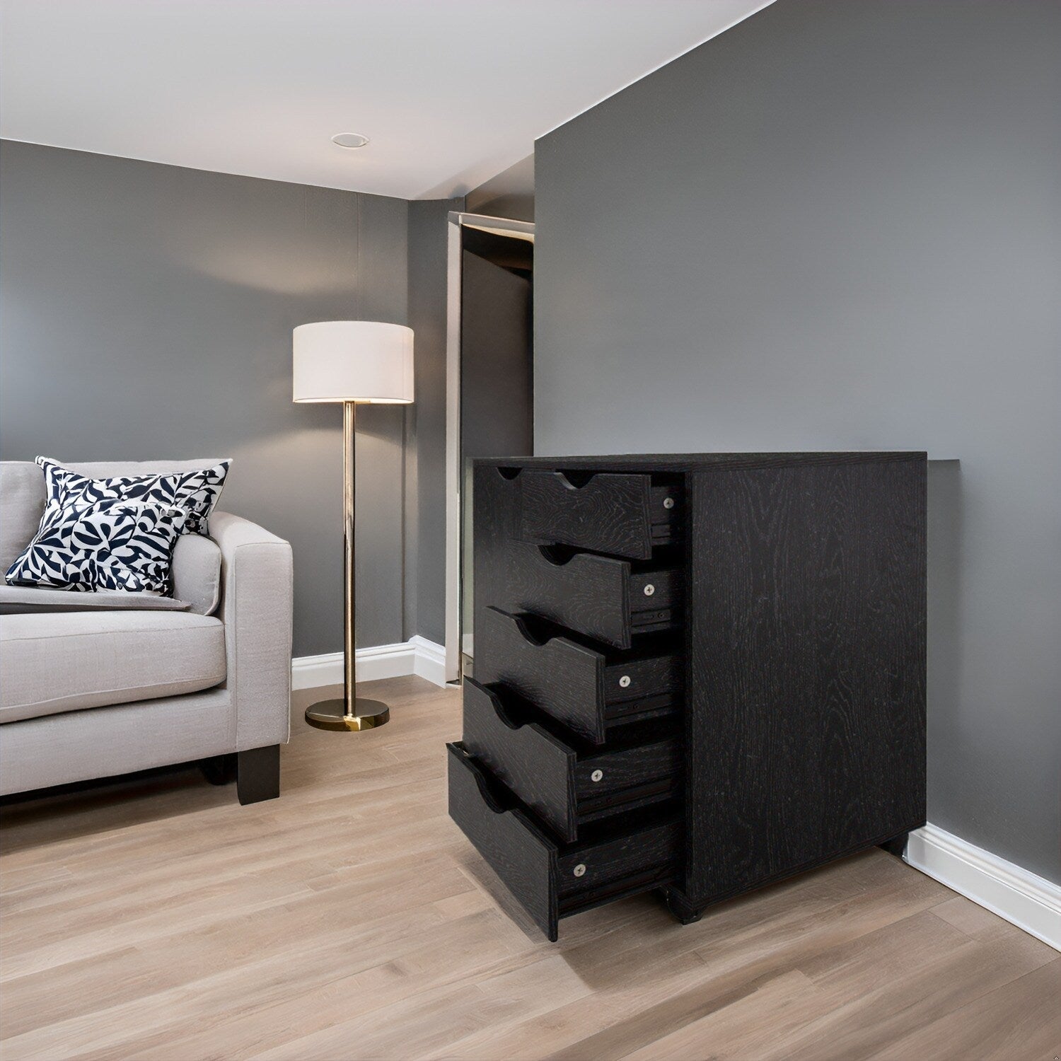 5-Drawer Wood Storage Dresser Cabinet with Wheels - Craft Organizer and Makeup Drawer Unit for Closet and Bedroom