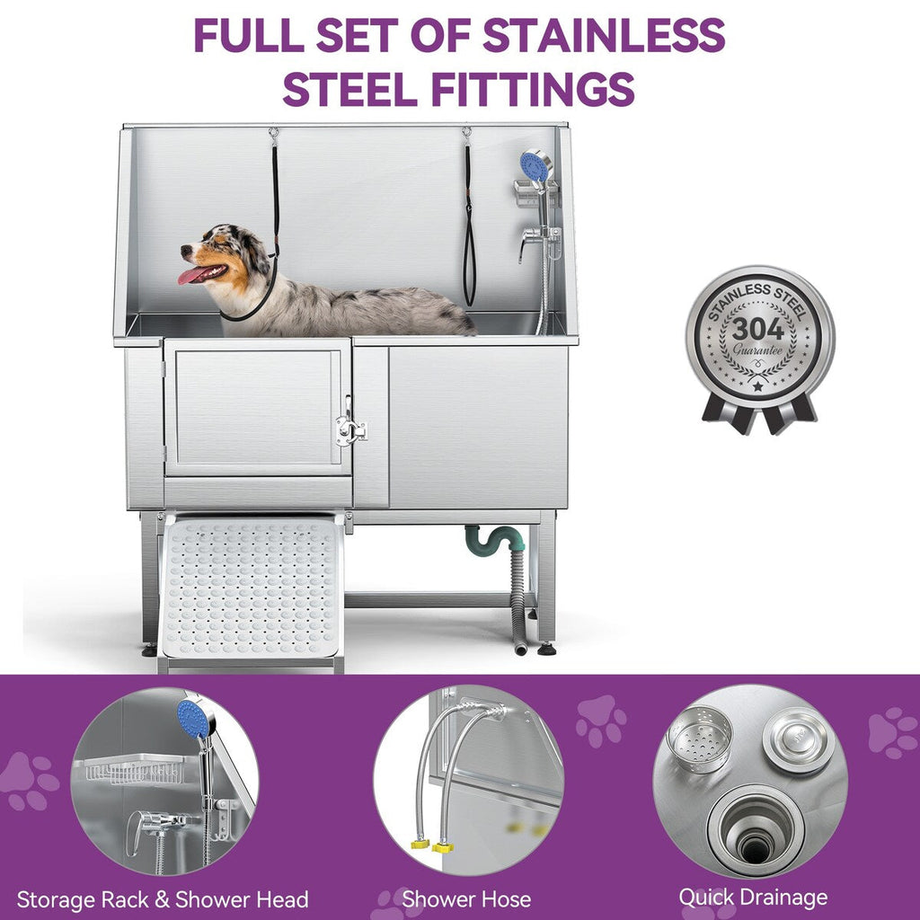 Baignoire de toilettage réglable en acier inoxydable de 50 po de largeur avec rampe et marches