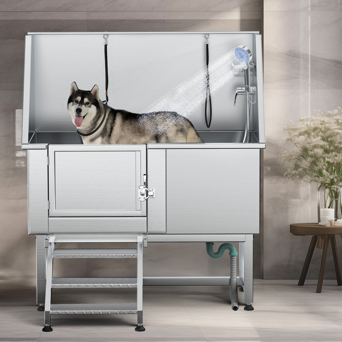 Baignoire de toilettage réglable en acier inoxydable de 50 po de largeur avec rampe et marches