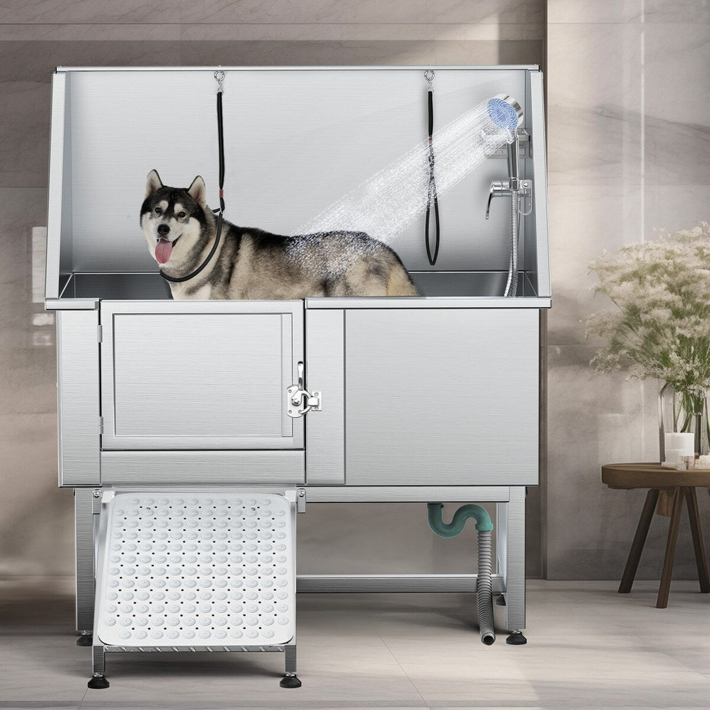 Baignoire de toilettage réglable en acier inoxydable de 50 po de largeur avec rampe et marches