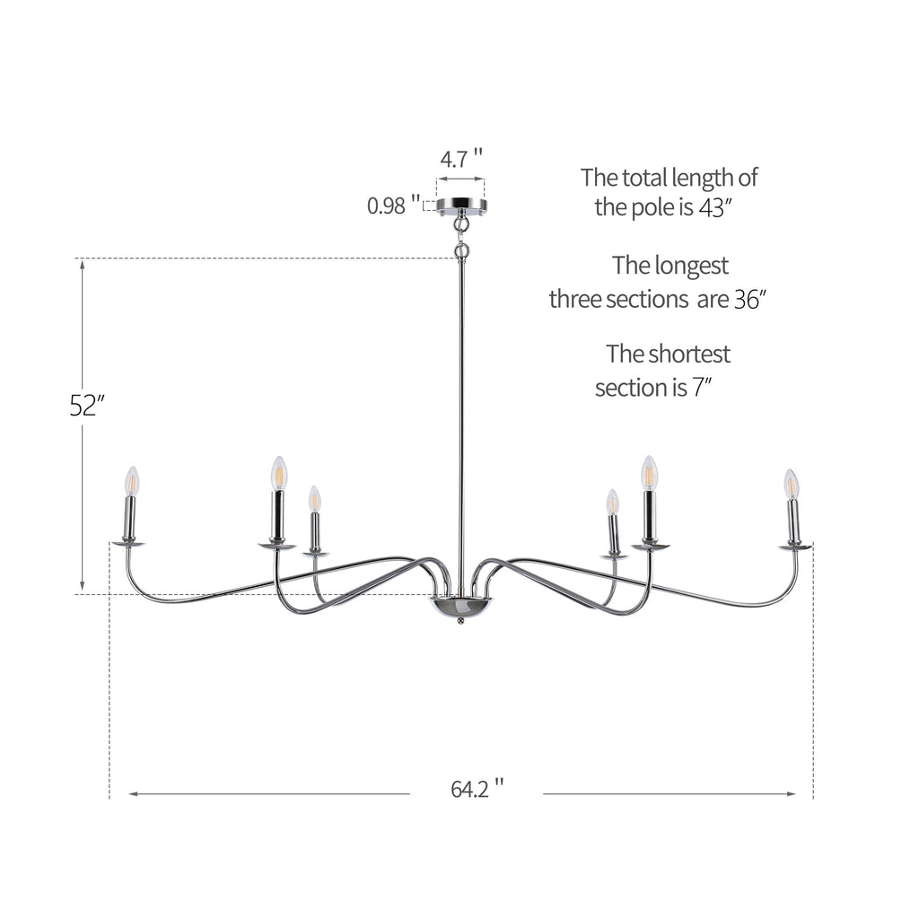 Lustre minimaliste à 6 lumières de 64 pouces, noir mat, or et chrome - N/A