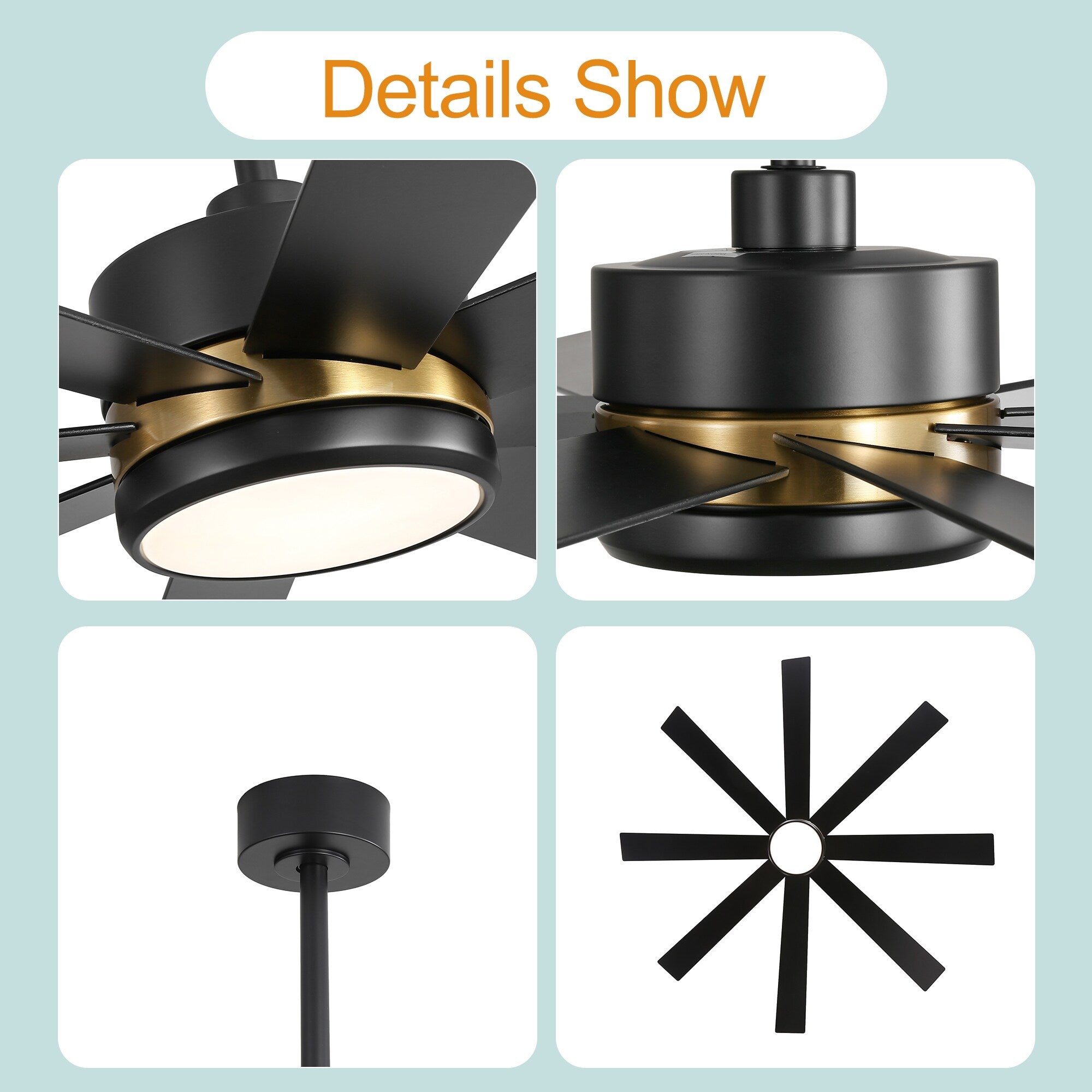 Ventilateur de plafond LED noir à 8 pales de 65 pouces avec éclairage et télécommande