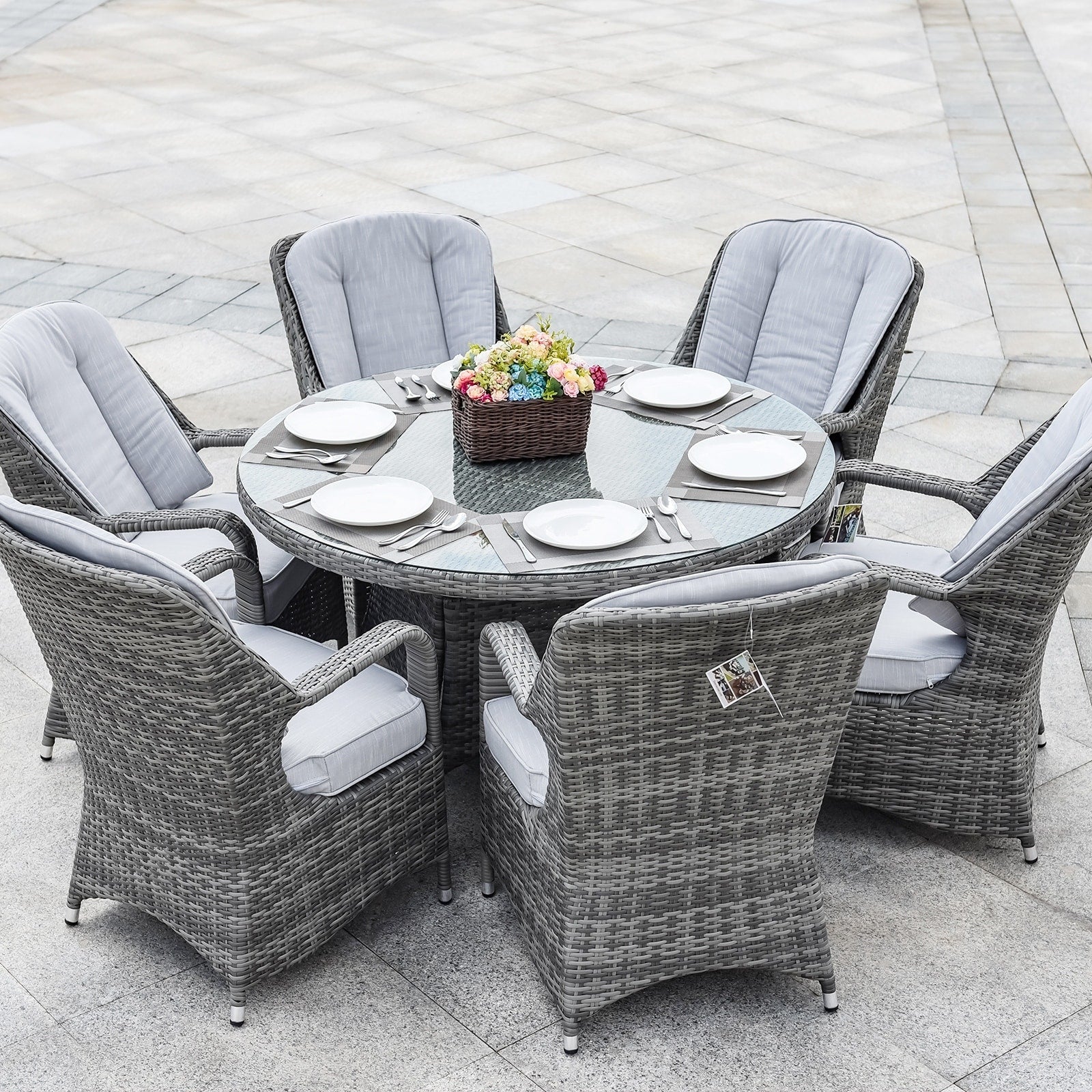 7 Pieces Outdoor Rattan Wicker Patio Round Dining Set with Cushions by Moda Furnishings