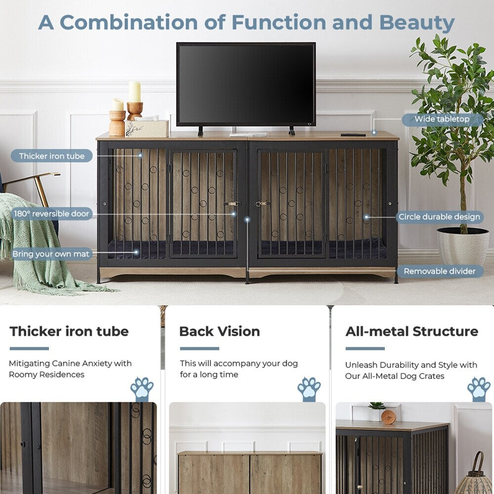 Meuble pour cage à chien de 70,86 pouces, meuble TV pour grandes races avec coussin et chambres doubles (sans coussin)