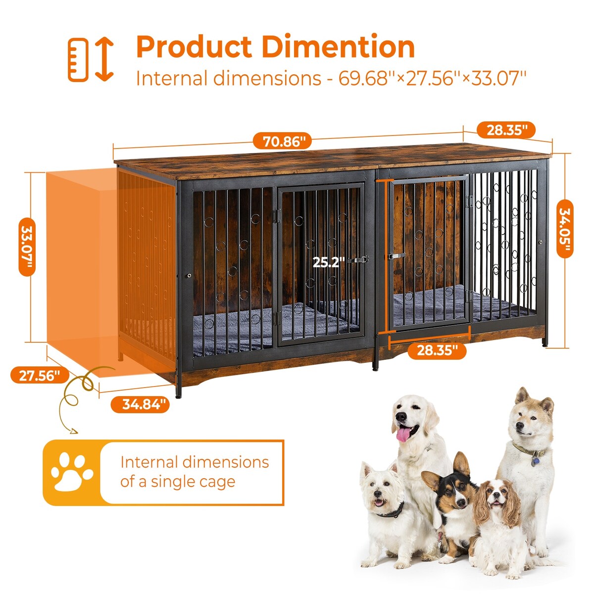 Meuble pour cage à chien de 70,86 pouces, meuble TV pour grandes races avec coussin et chambres doubles (sans coussin)