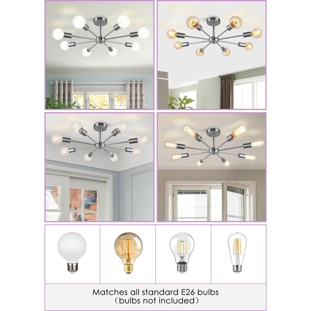 Black/ Gold Sputnik Semi Flush Mount Lamp Close to Ceiling Light Fixture for Living Room/ Kitchen/ Office/ Bedroom/ Foyer