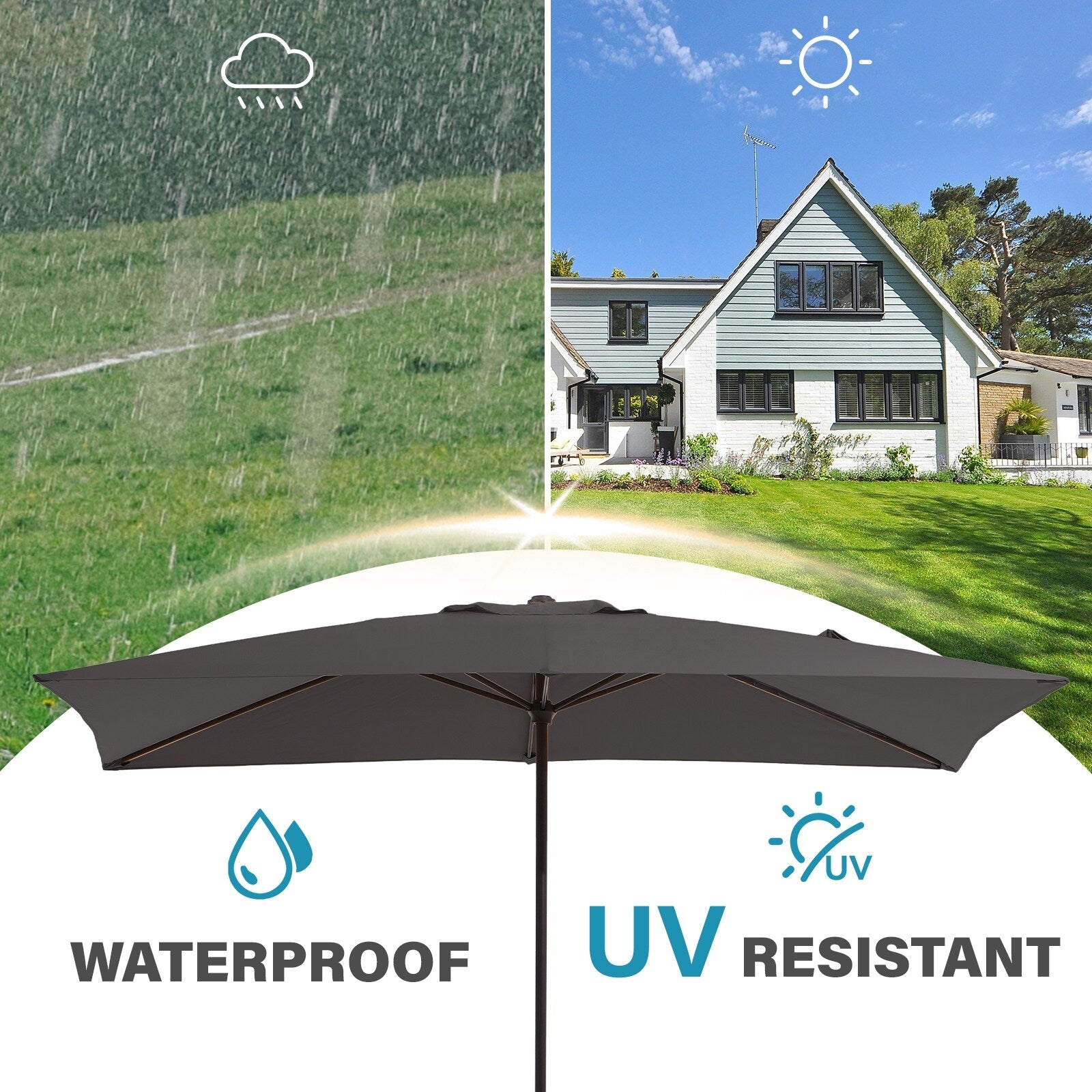 8*10ft Rectangular Patio Market Umbrella with Crank & Tilt，UV-Resistant