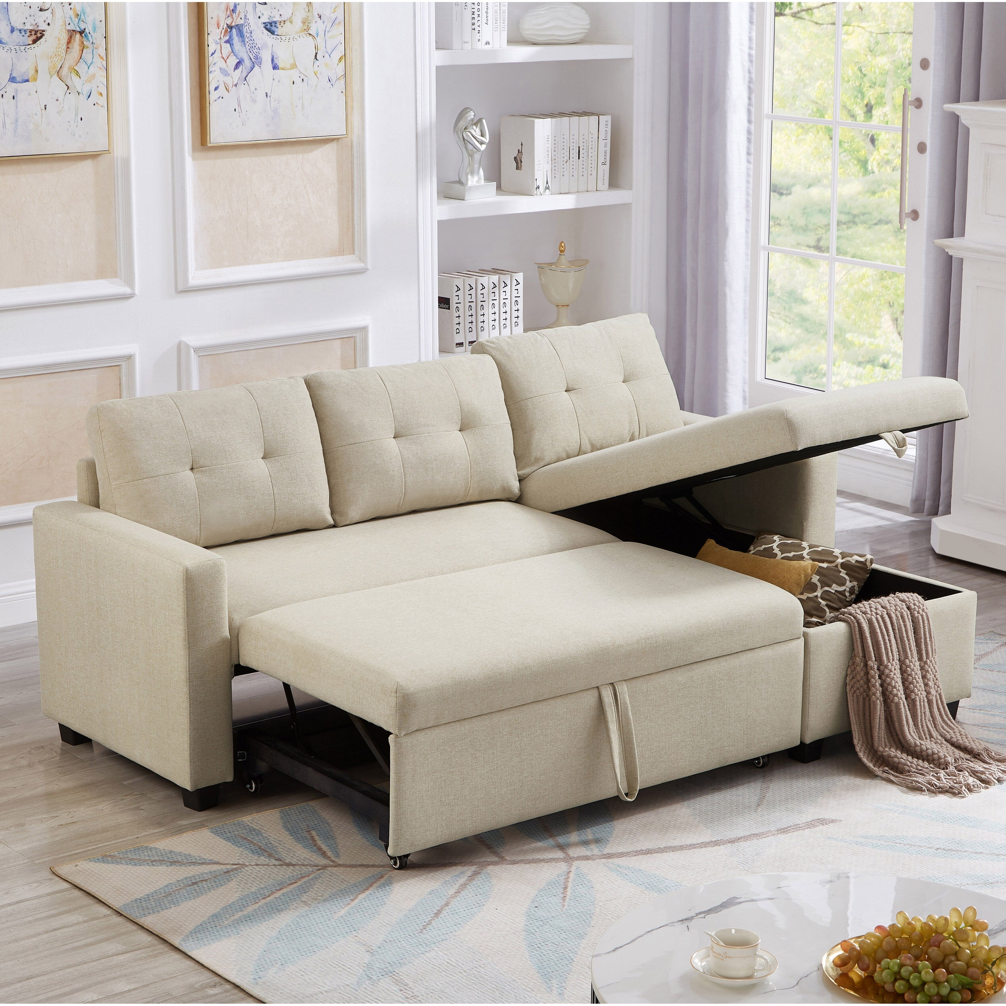 81.5'' Upholstered Convertible 3 Seater Sleeper Sofa with Pull-Out Bed, Reversible Storage Chaise, and Back Cushions