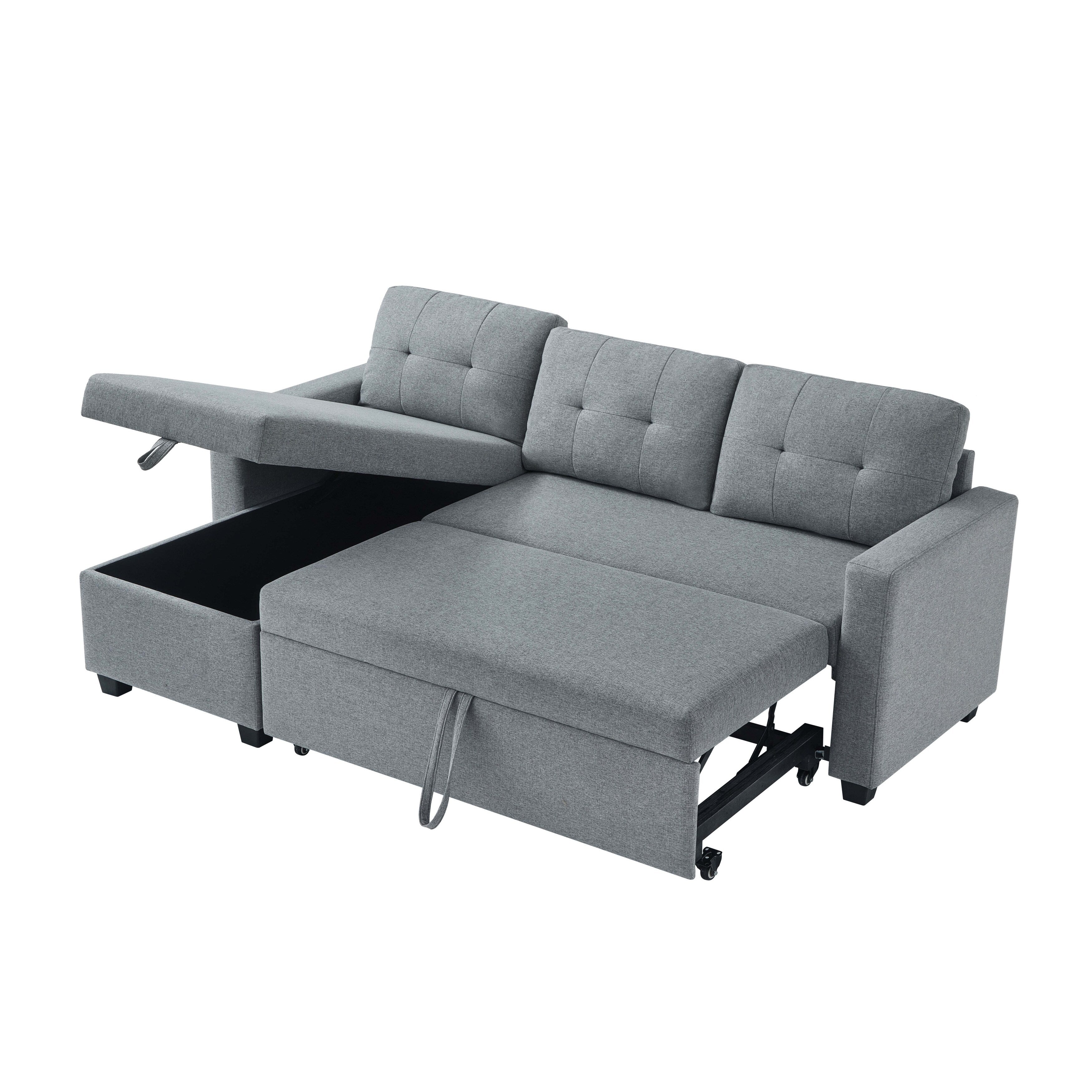 81.5'' Upholstered Convertible 3 Seater Sleeper Sofa with Pull-Out Bed, Reversible Storage Chaise, and Back Cushions
