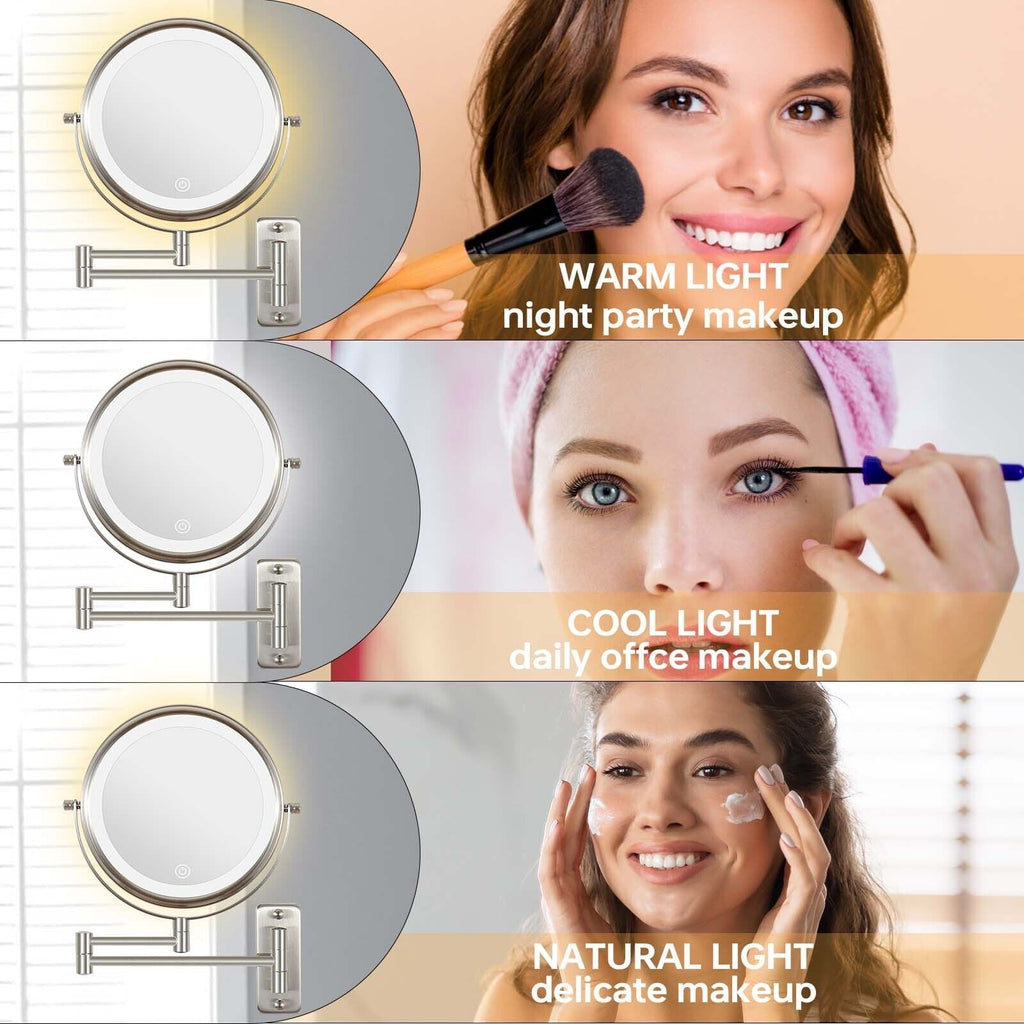 8 Round Wall Mount Bathroom Makeup Mirror, Rechargeable, Magnification 1x/10x, 3 Color Lights