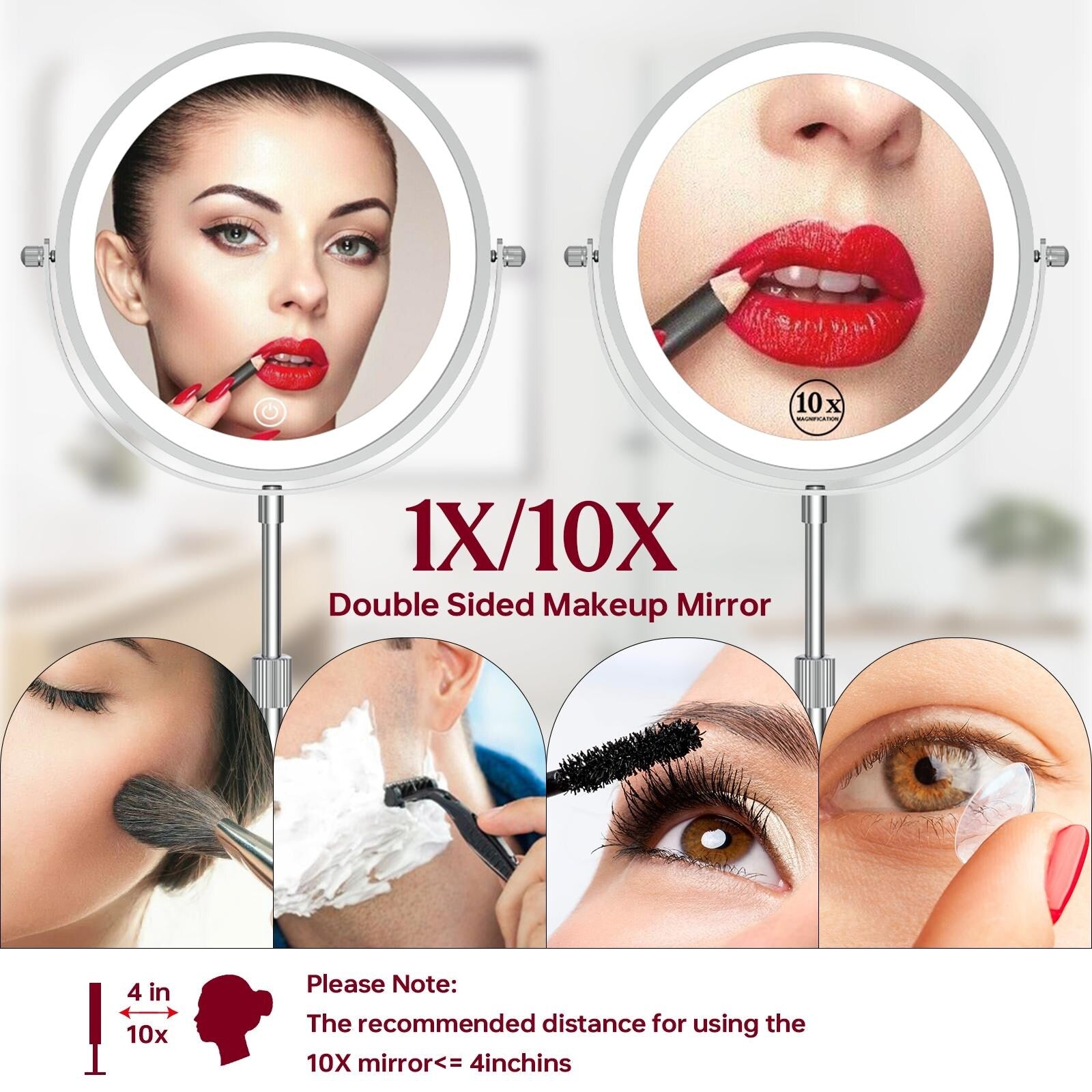 Miroir de maquillage éclairé à 9 LED, miroir grossissant double face avec grossissement 1X/10x, 3 couleurs d'éclairage