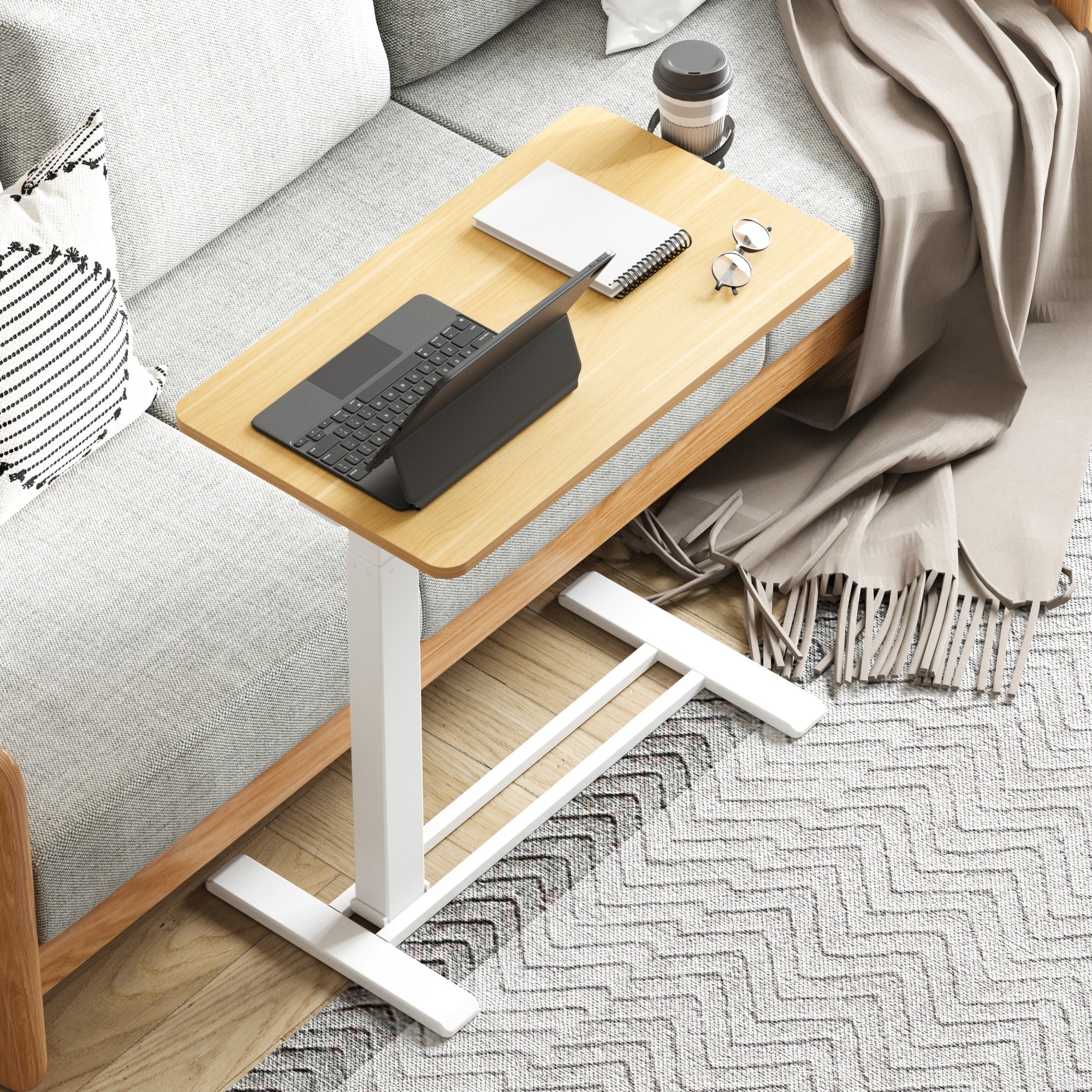 FunniHomi 28/32 Movable Overbed Table Height Adjustable Computer Desk with Wheels, White/Black Laptop Table for Bed and Sofa