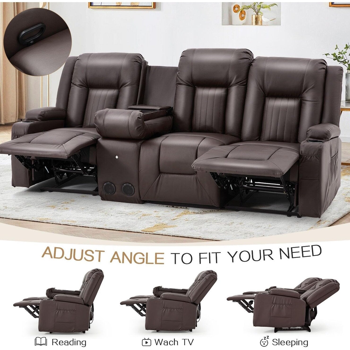 AECOJOY Recliner Sofa Manual RV Reclining Couch PU Home Theater Seating w/ Console