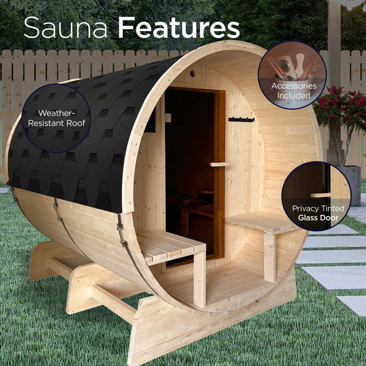 Sauna tonneau en pin blanc de Finlande ALEKO pour 6 à 8 personnes avec chauffage électrique UL - 88 L x 73 l x 79 H pouces