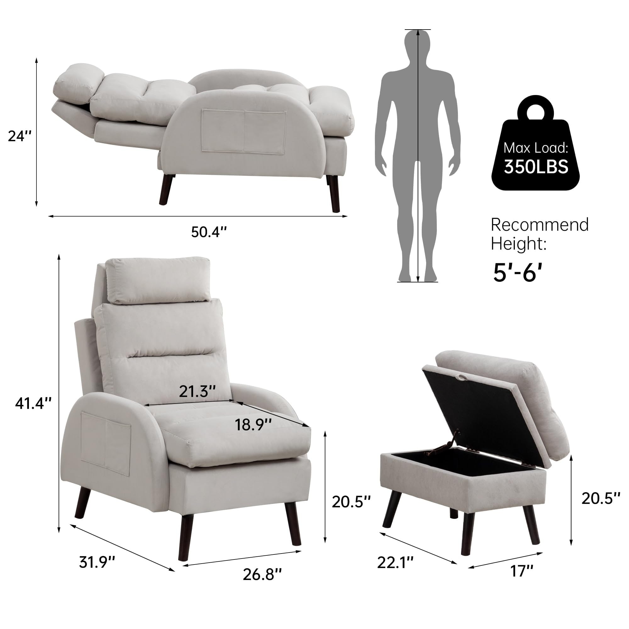 Fauteuil d'appoint HOMYKA avec dossier réglable et pouf de rangement